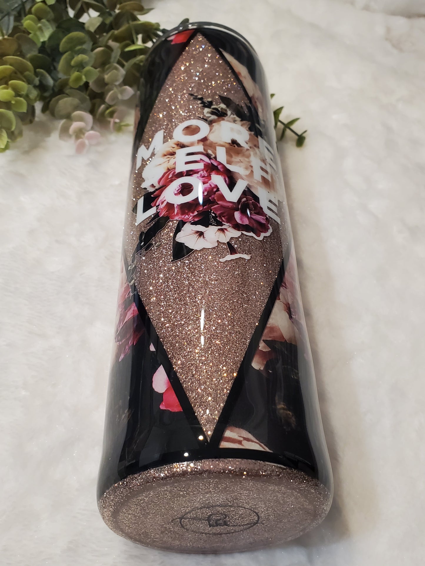 MORE Self Love floral Glitter Custom Tumbler - 32 oz skinny - maroon peach