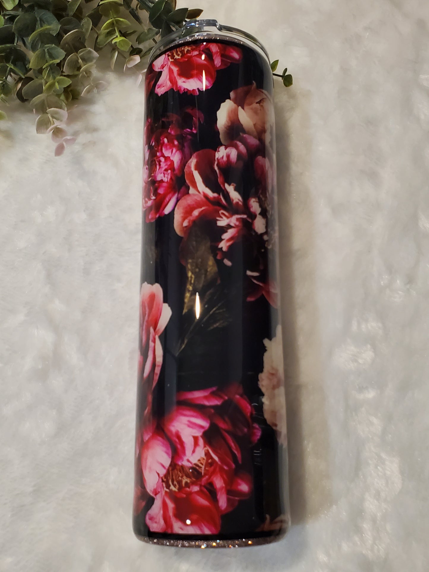 MORE Self Love floral Glitter Custom Tumbler - 32 oz skinny - maroon peach