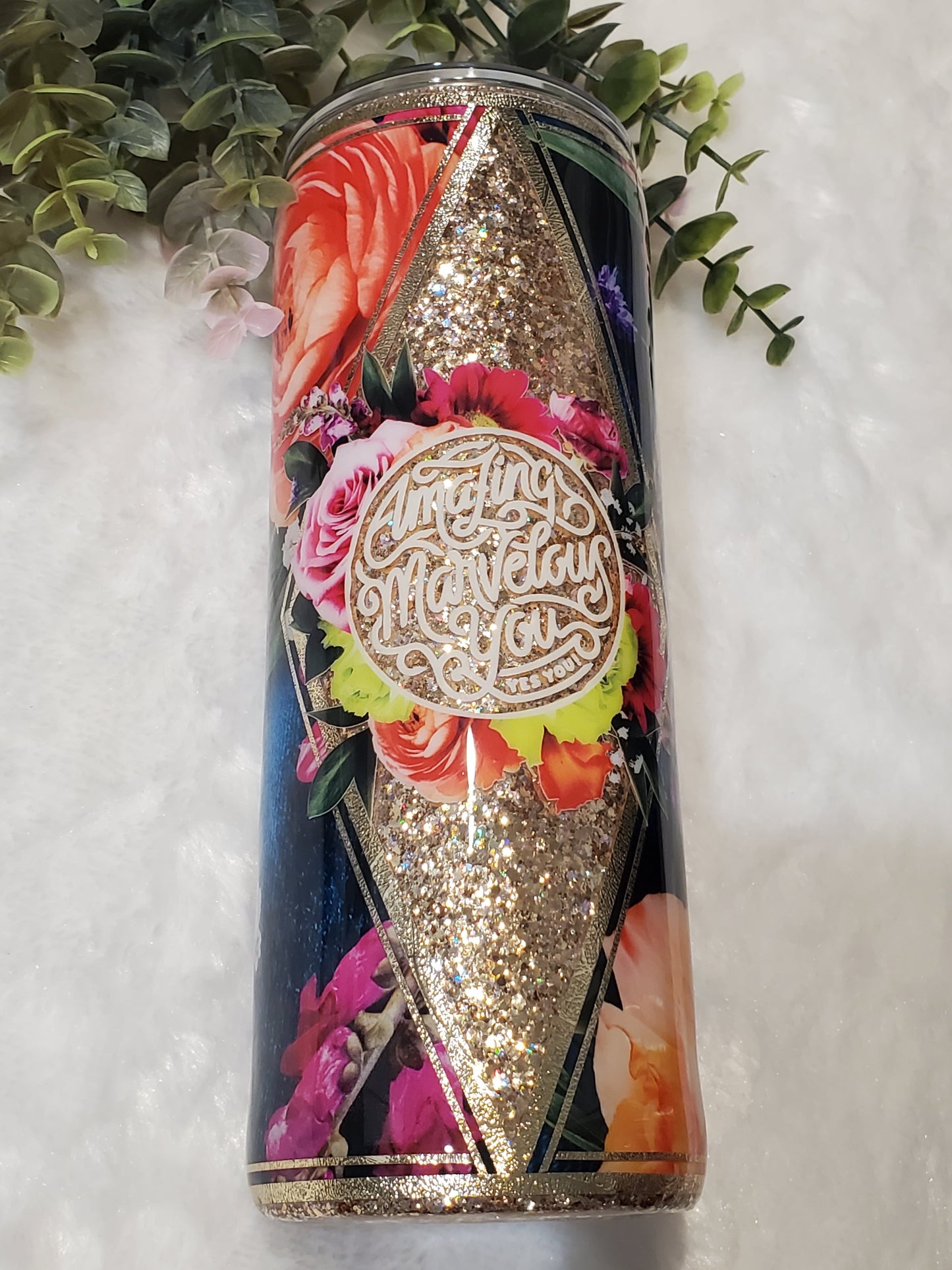 Amazing Marvelous You Floral Glitter Custom Tumbler - 24 oz Skinny - red orange gold