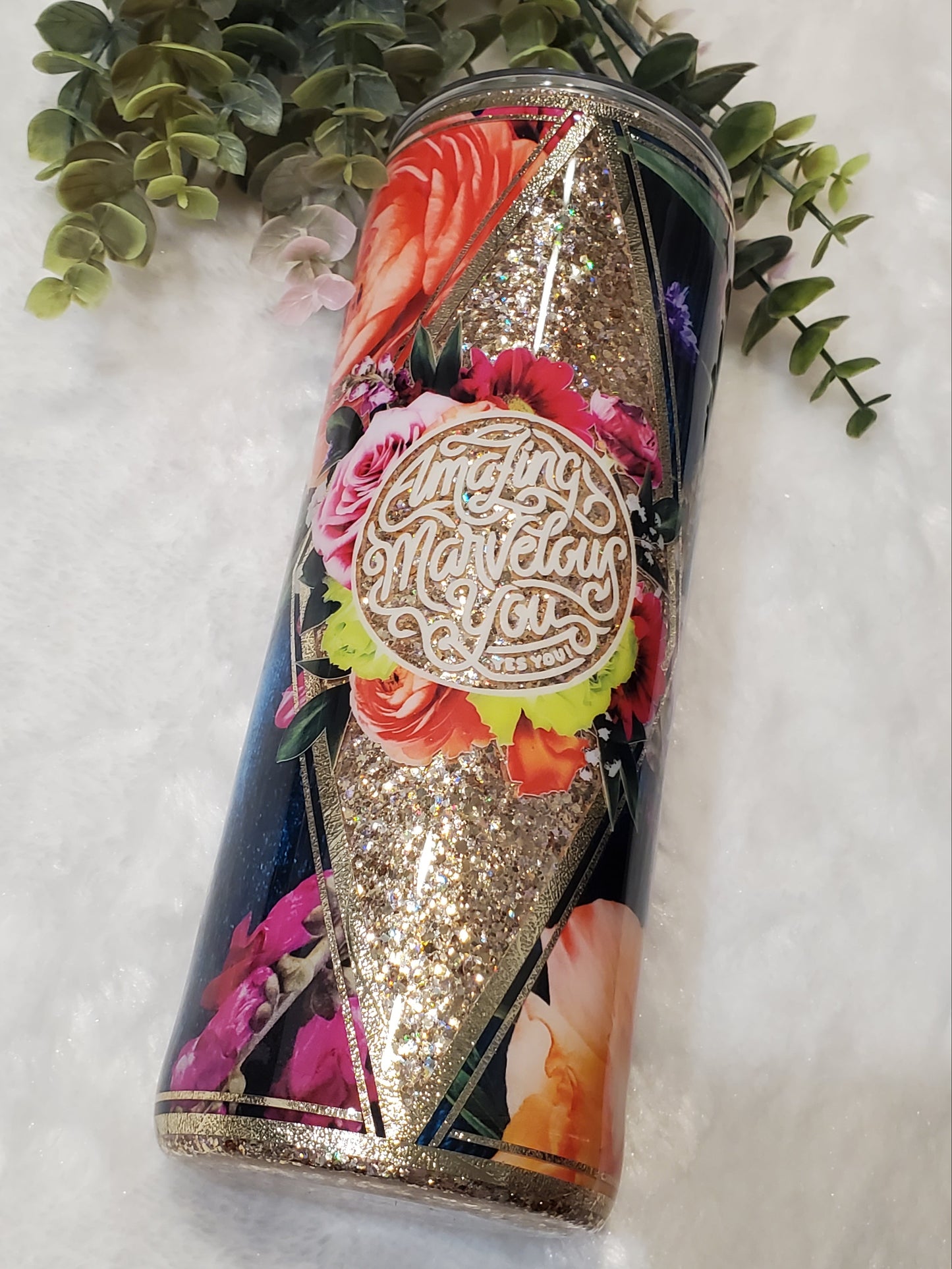 Amazing Marvelous You Floral Glitter Custom Tumbler - 24 oz Skinny - red orange gold