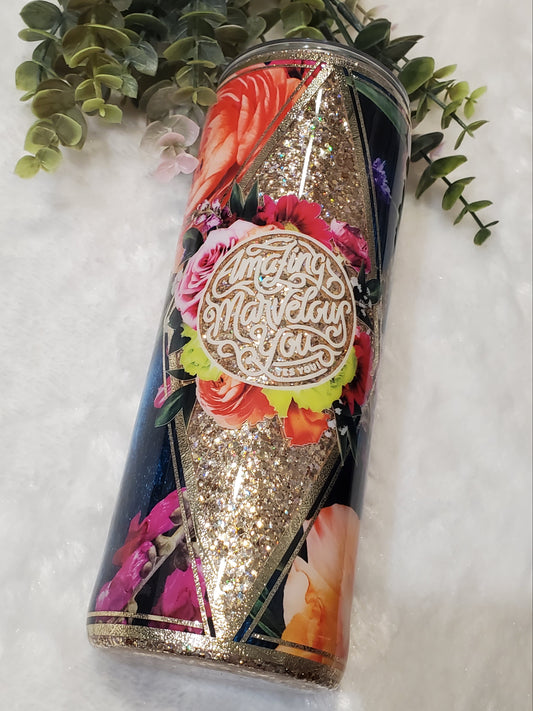 Amazing Marvelous You Floral Glitter Custom Tumbler - 24 oz Skinny - red orange gold