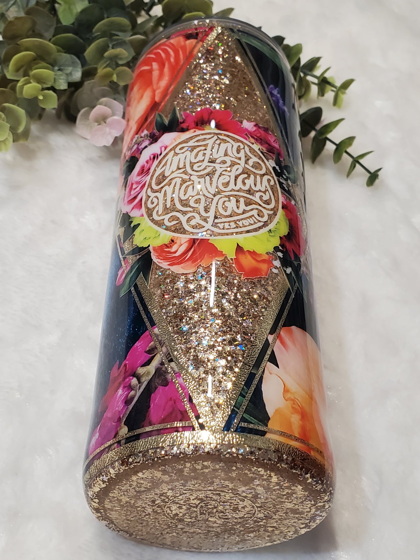 Amazing Marvelous You Floral Glitter Custom Tumbler - 24 oz Skinny - red orange gold