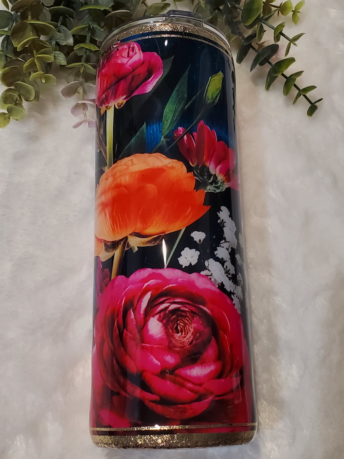 Amazing Marvelous You Floral Glitter Custom Tumbler - 24 oz Skinny - red orange gold