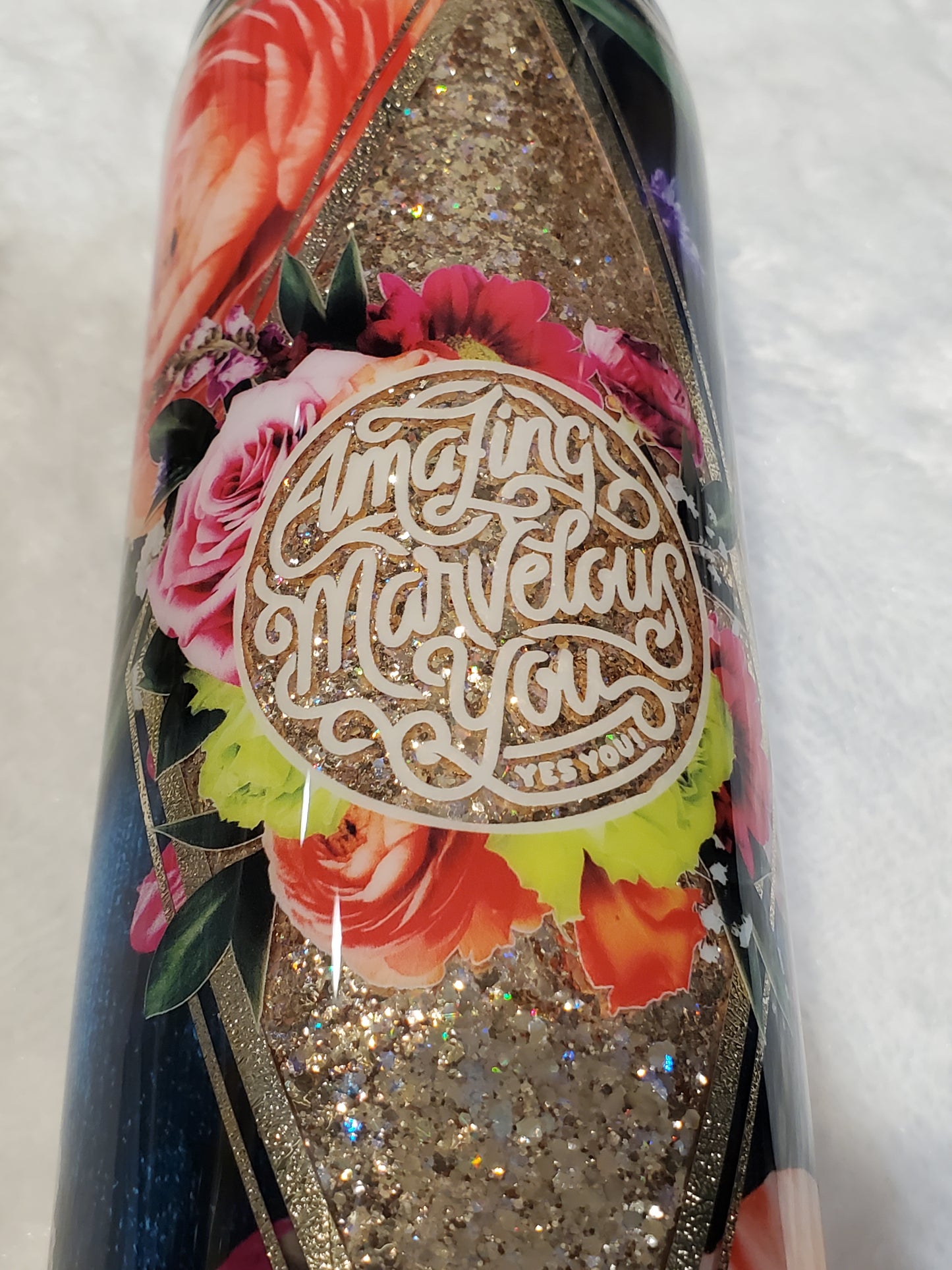 Amazing Marvelous You Floral Glitter Custom Tumbler - 24 oz Skinny - red orange gold