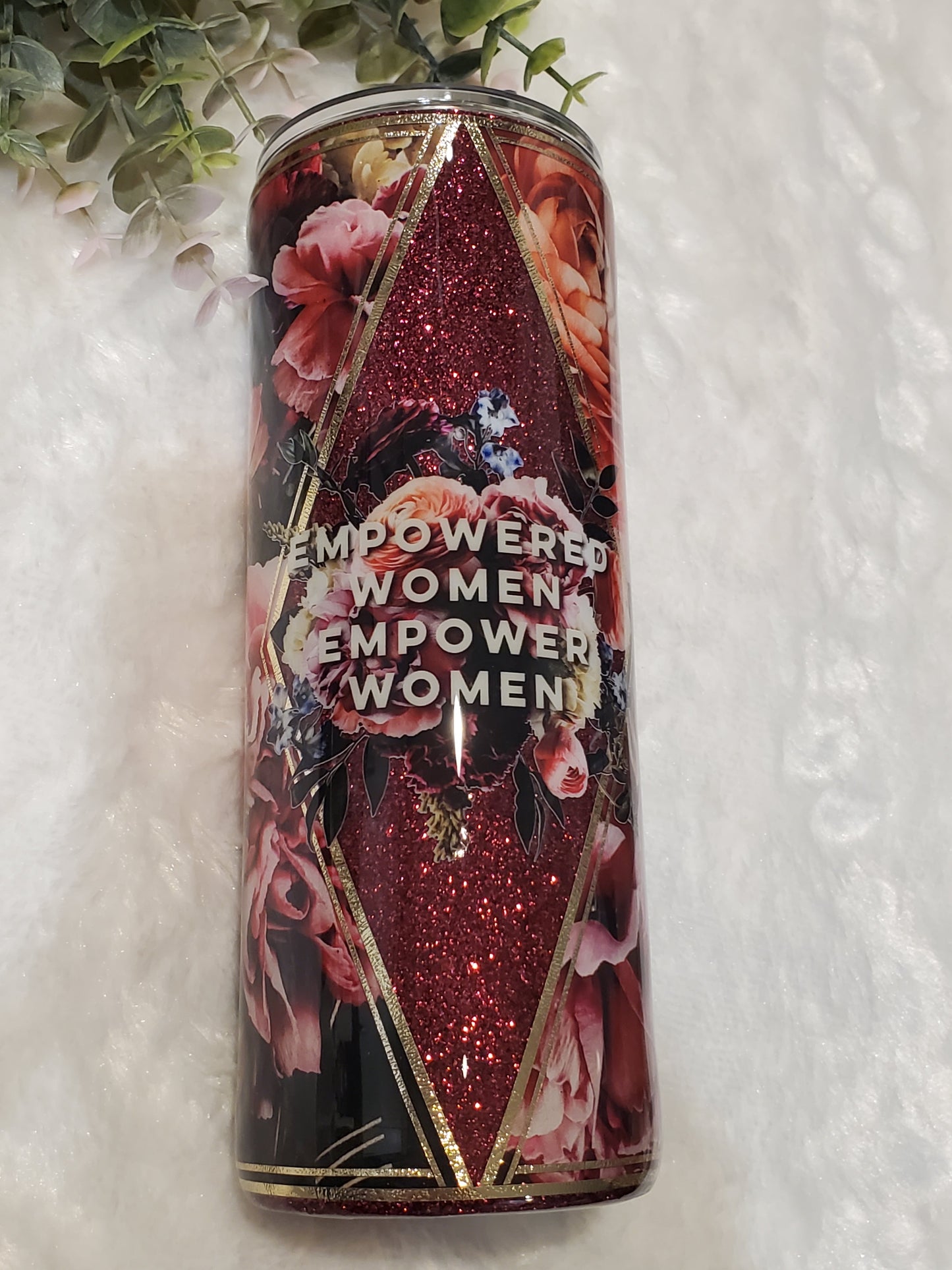 Empowered Women Empower Women Floral Glitter Custom Tumbler - 24 oz Skinny - maroon peach pink