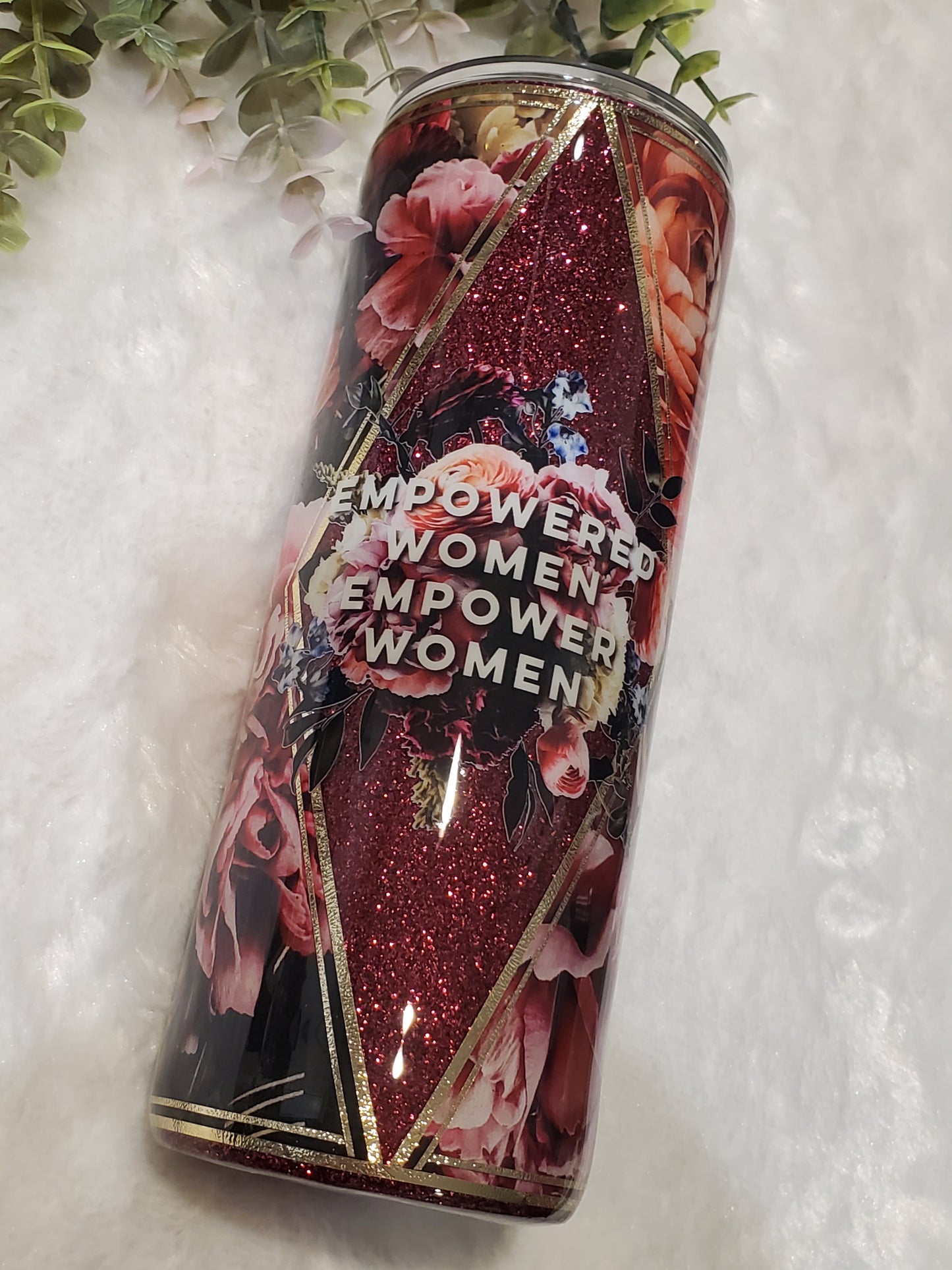 Empowered Women Empower Women Floral Glitter Custom Tumbler - 24 oz Skinny - maroon peach pink