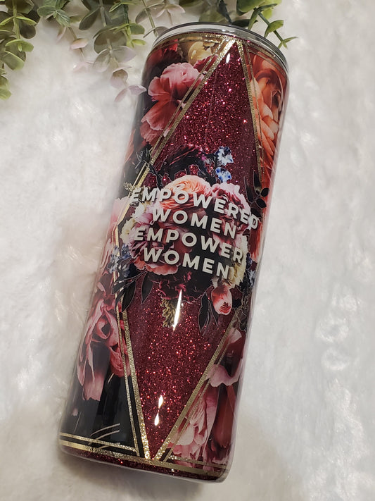 Empowered Women Empower Women Floral Glitter Custom Tumbler - 24 oz Skinny - maroon peach pink