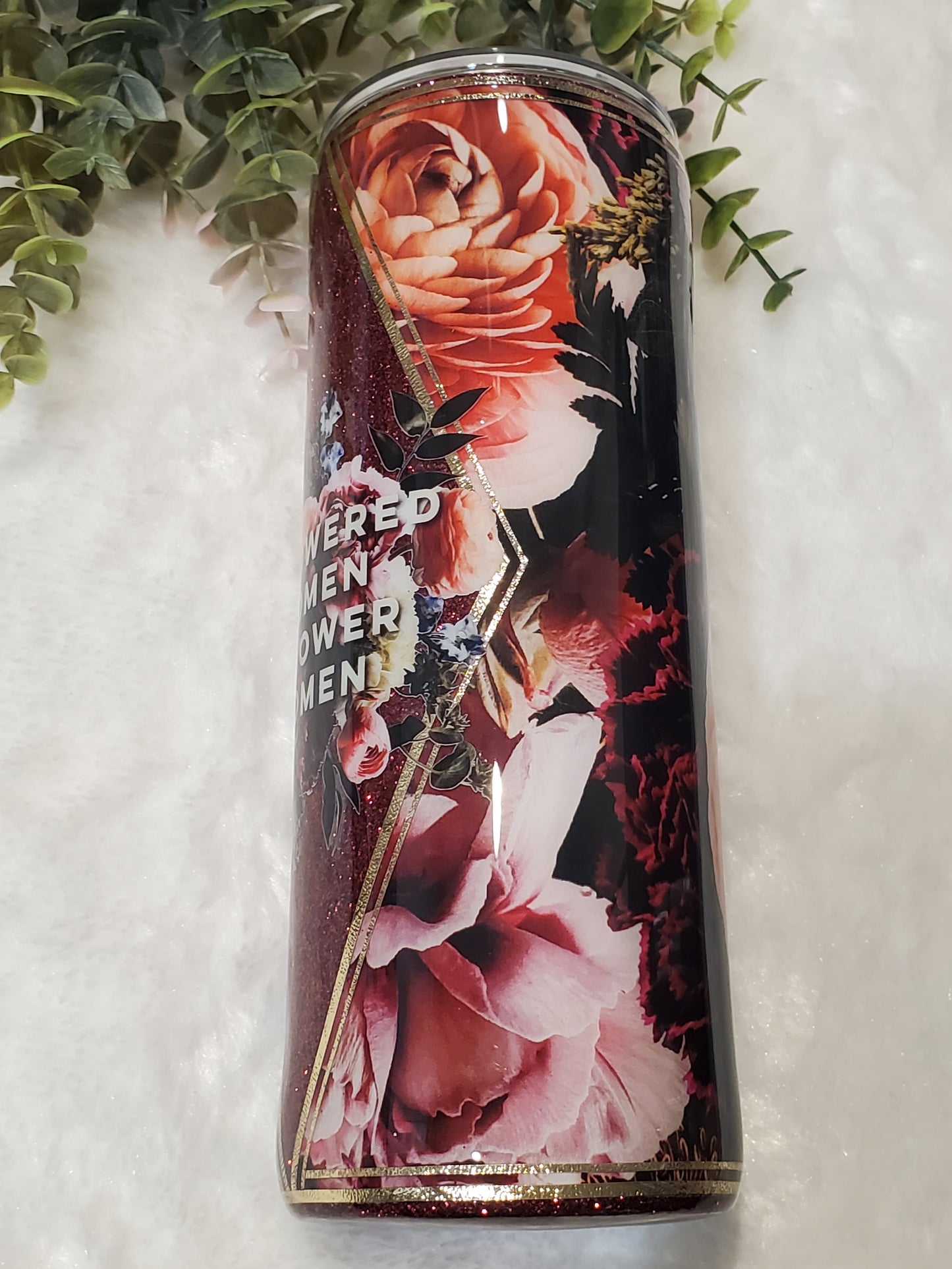 Empowered Women Empower Women Floral Glitter Custom Tumbler - 24 oz Skinny - maroon peach pink