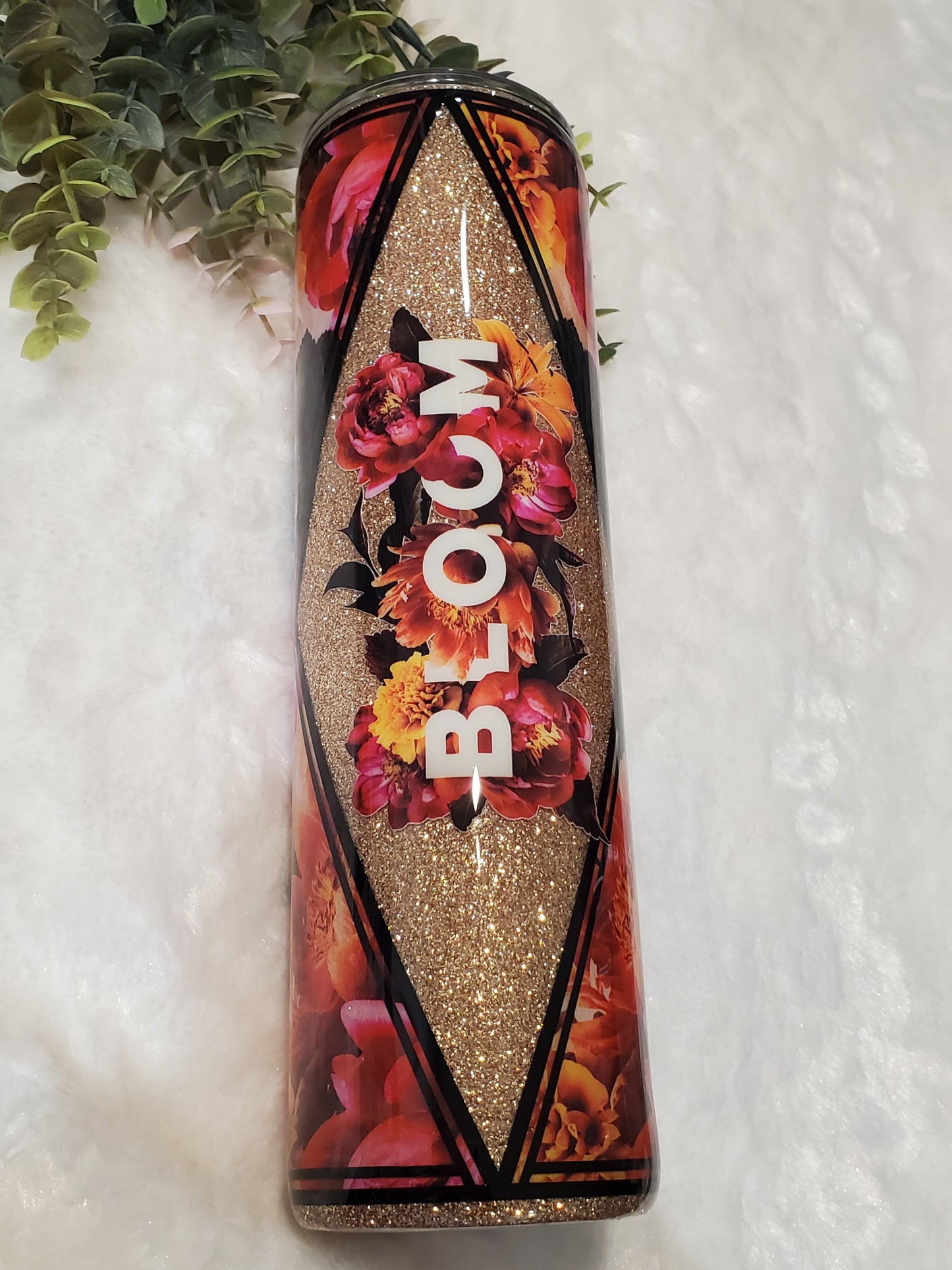 BLOOM floral Glitter Custom Tumbler - 32 oz skinny - red orange gold