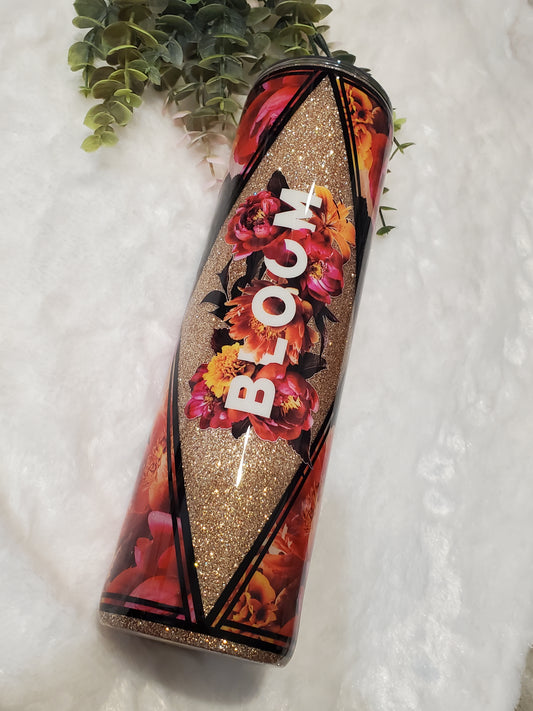BLOOM floral Glitter Custom Tumbler - 32 oz skinny - red orange gold