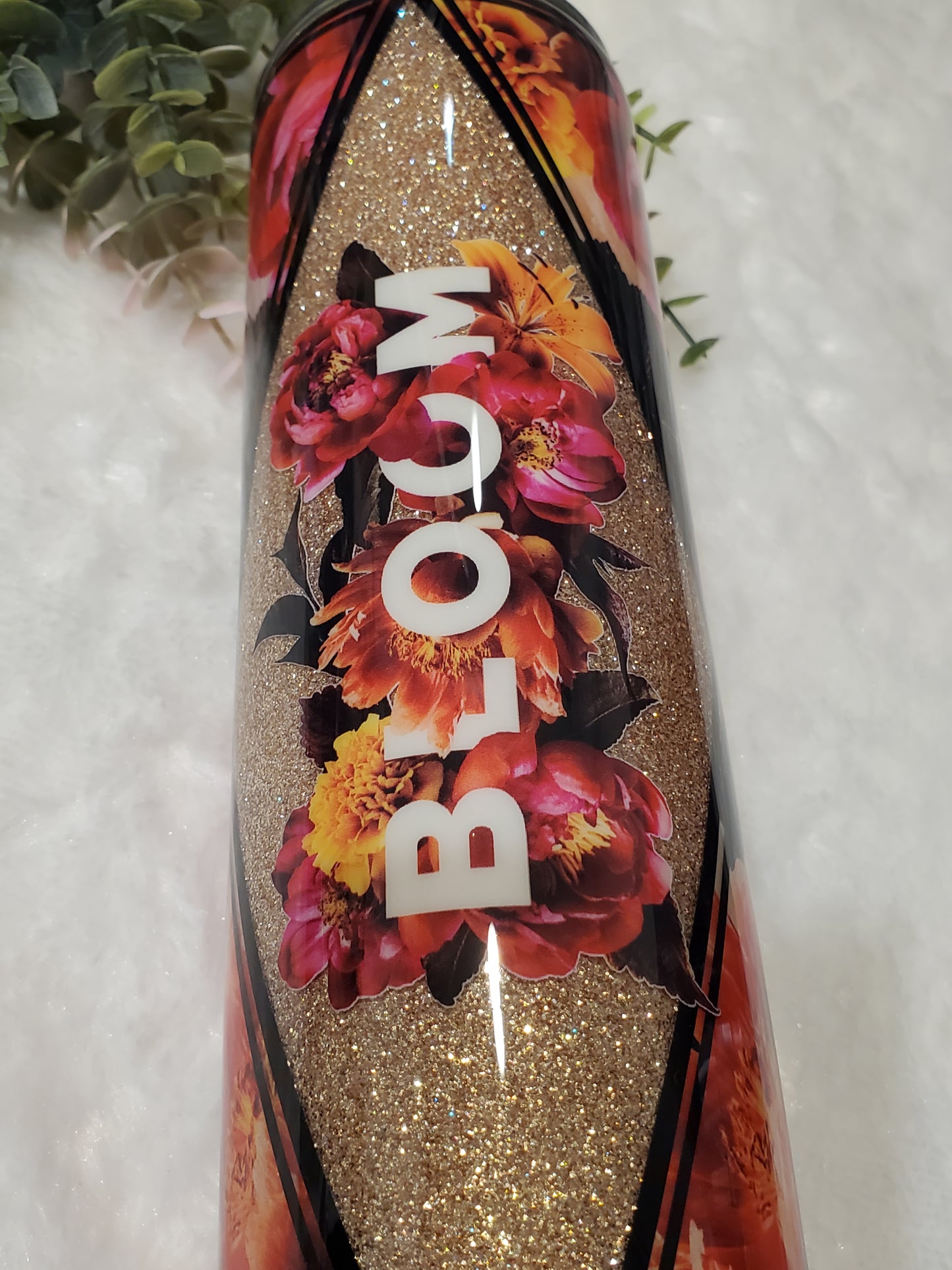 BLOOM floral Glitter Custom Tumbler - 32 oz skinny - red orange gold