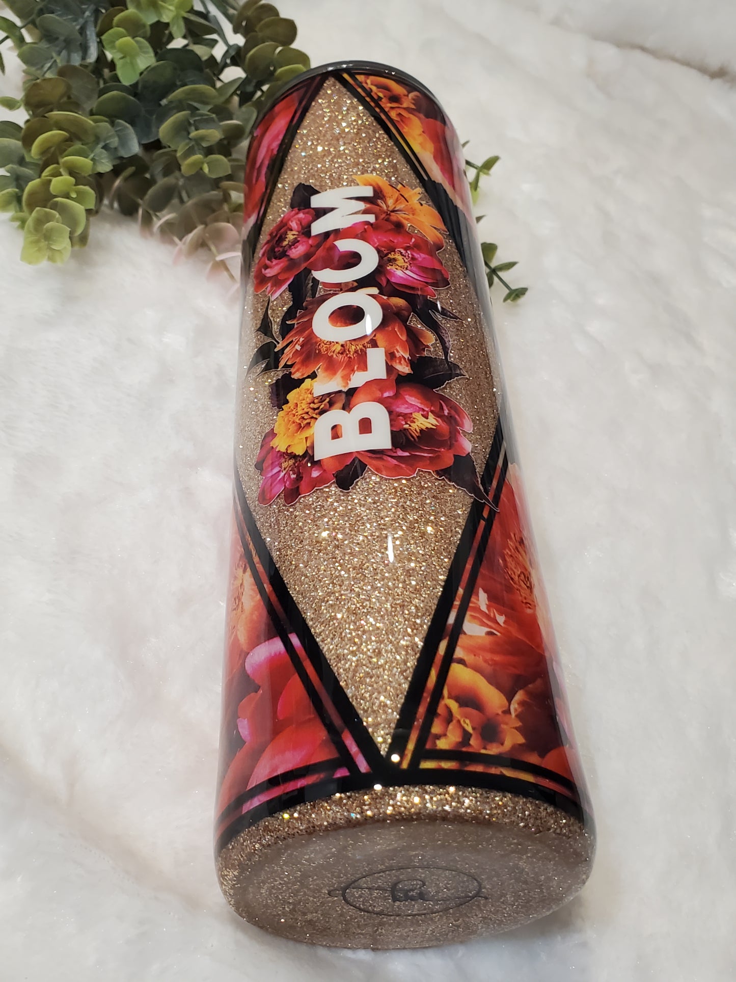 BLOOM floral Glitter Custom Tumbler - 32 oz skinny - red orange gold