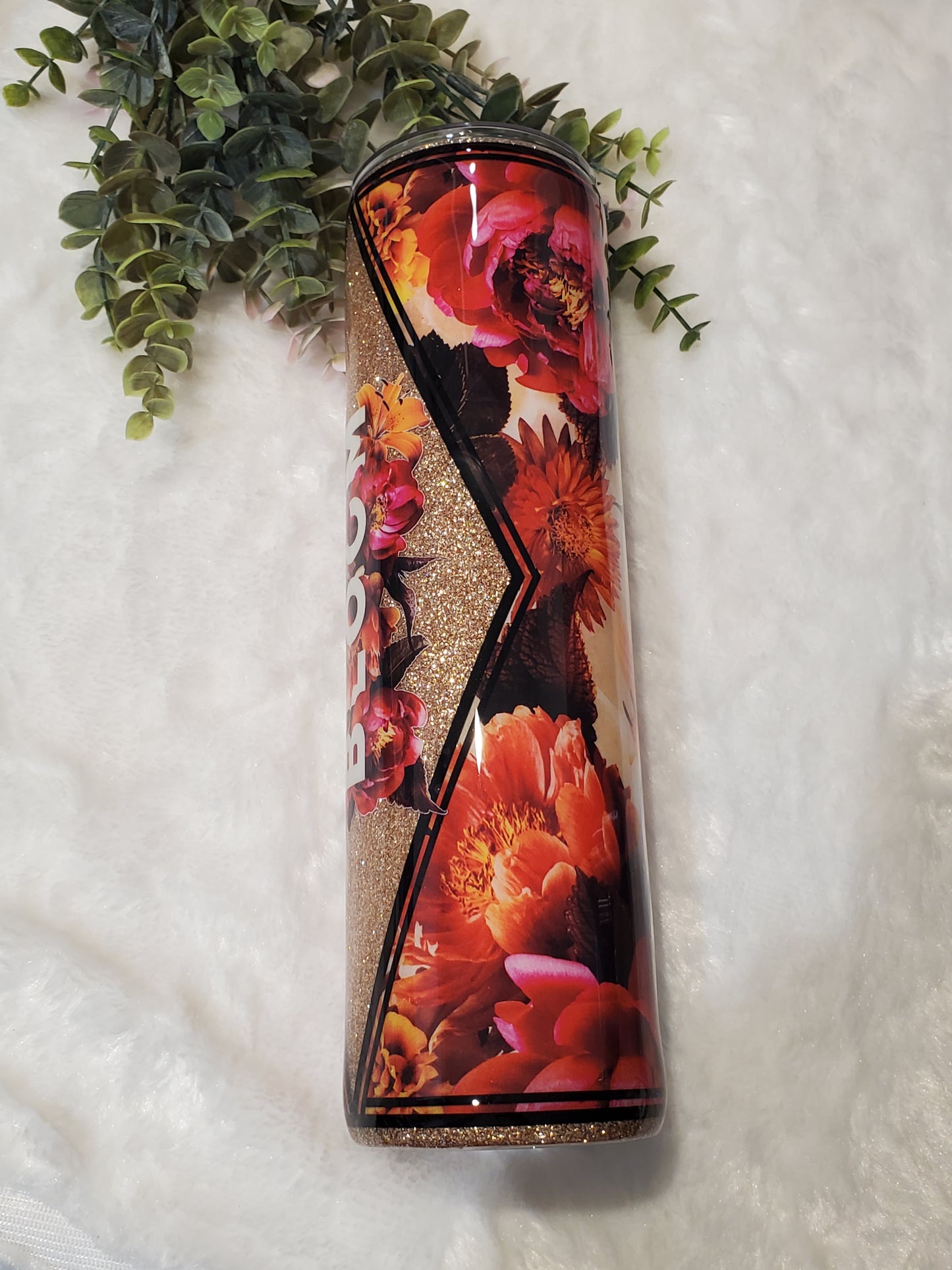 BLOOM floral Glitter Custom Tumbler - 32 oz skinny - red orange gold