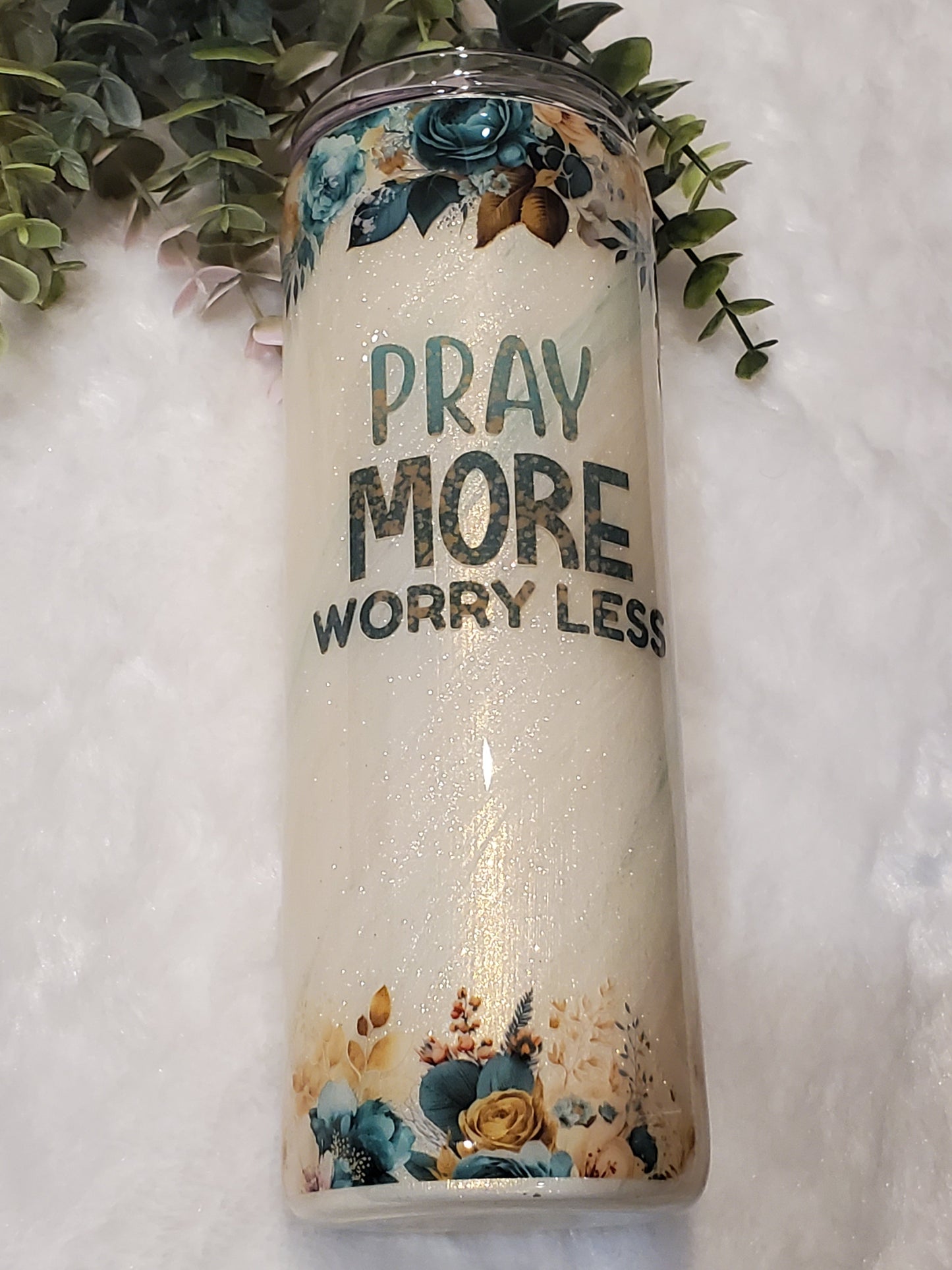 Pray More Worry Less Pigment Custom Tumbler - 20 oz Skinny Straight - white gold