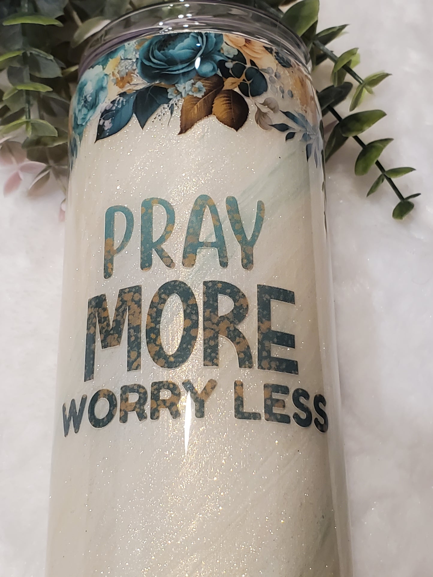 Pray More Worry Less Pigment Custom Tumbler - 20 oz Skinny Straight - white gold
