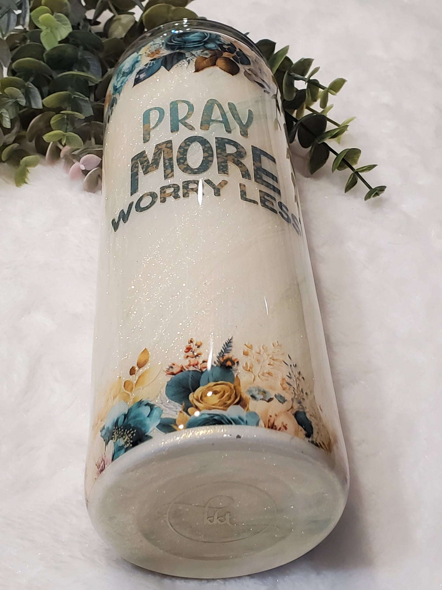 Pray More Worry Less Pigment Custom Tumbler - 20 oz Skinny Straight - white gold