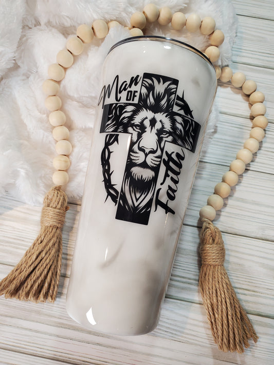 Man of Faith Cross Lion Smoked Non Glitter Custom Tumbler - 32 oz slim taper - white