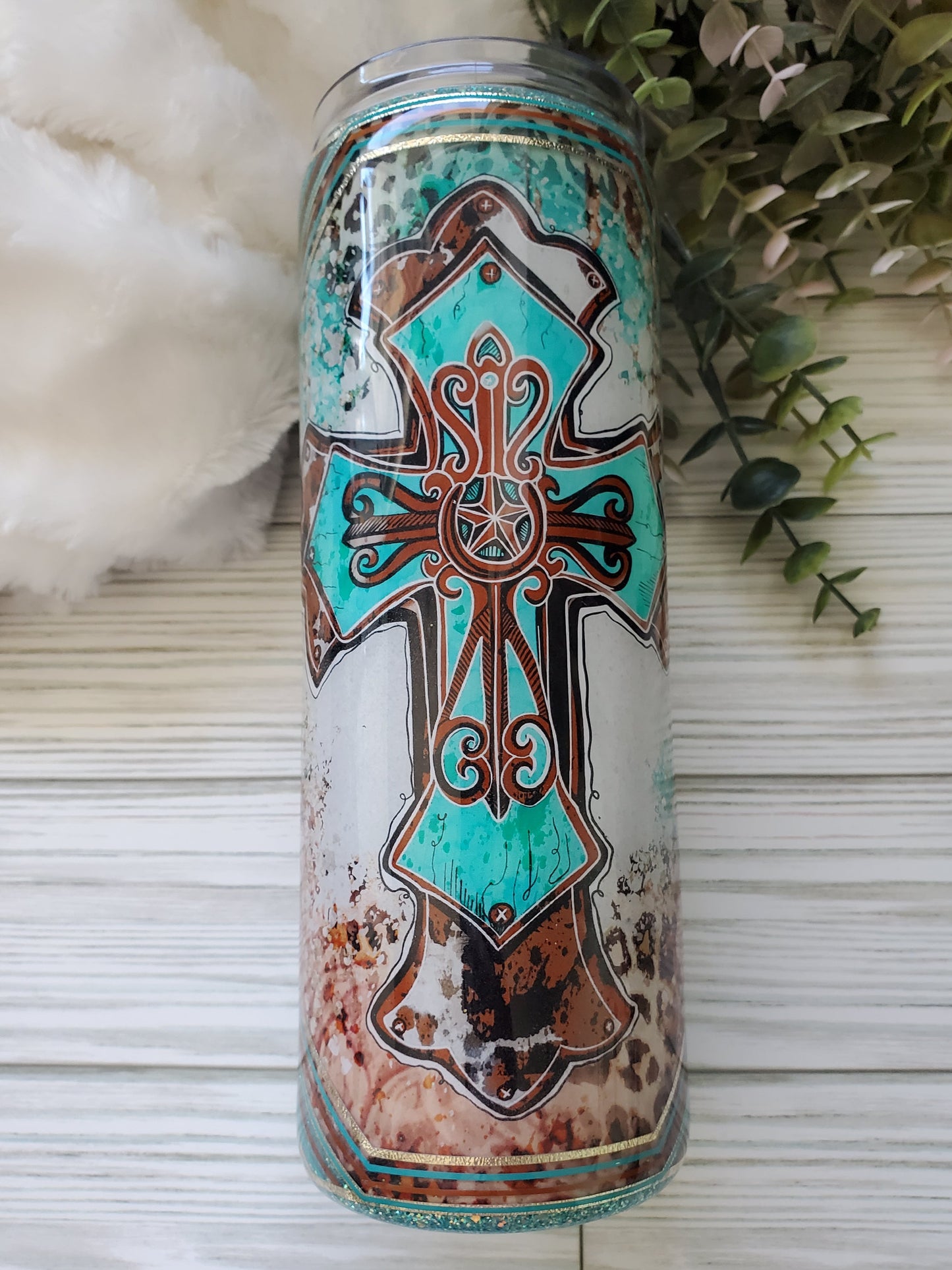Cross Western Glitter Custom Tumbler - 20 oz Skinny Straight - turquoise brown