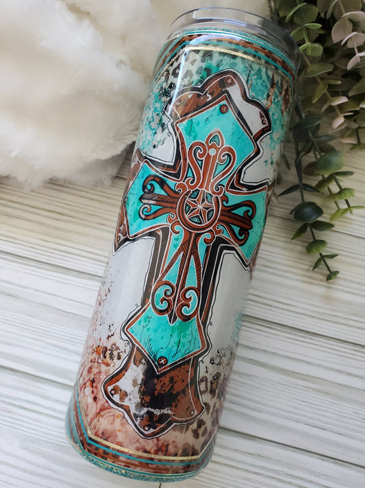Cross Western Glitter Custom Tumbler - 20 oz Skinny Straight - turquoise brown