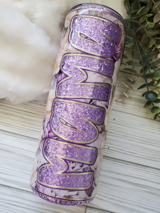 MAMA peekaboo floral purple Glitter Custom Tumbler - 20 oz  - purple