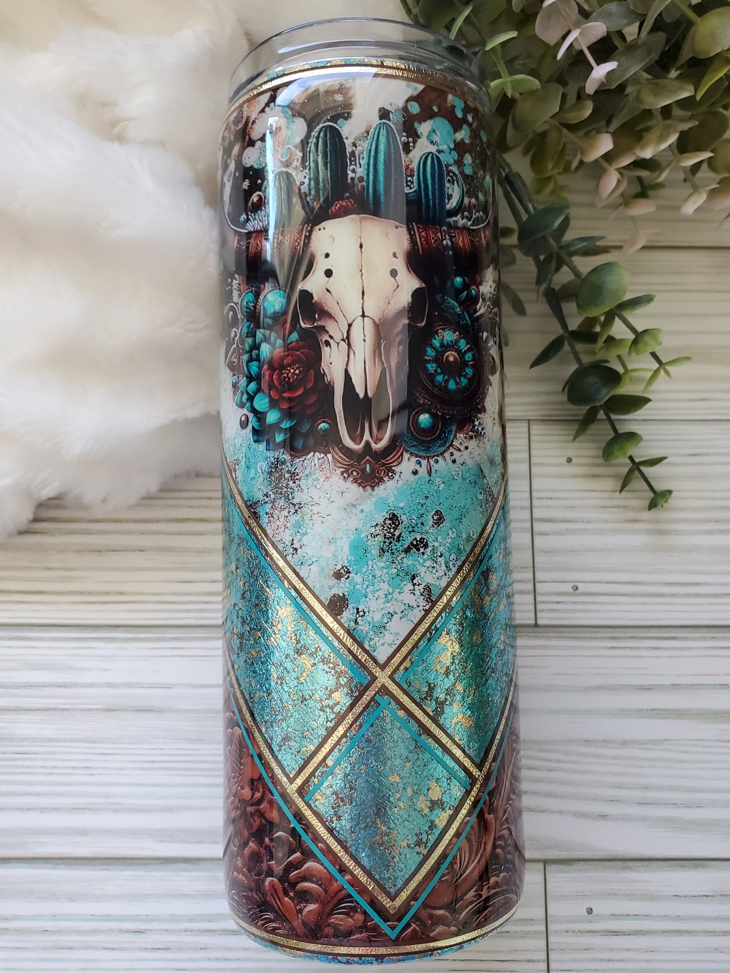 Cow skull Western Foil mashup Custom Tumbler - 20 oz Skinny Straight - turquoise brown