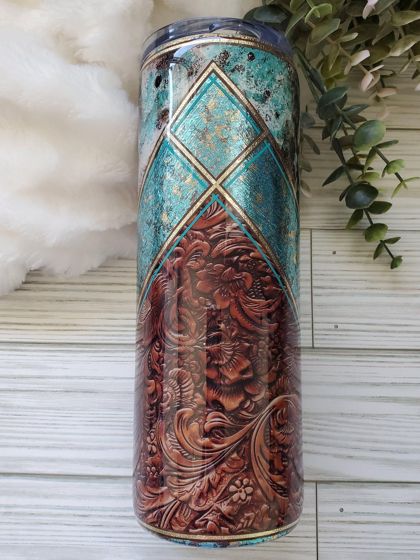 Cow skull Western Foil mashup Custom Tumbler - 20 oz Skinny Straight - turquoise brown