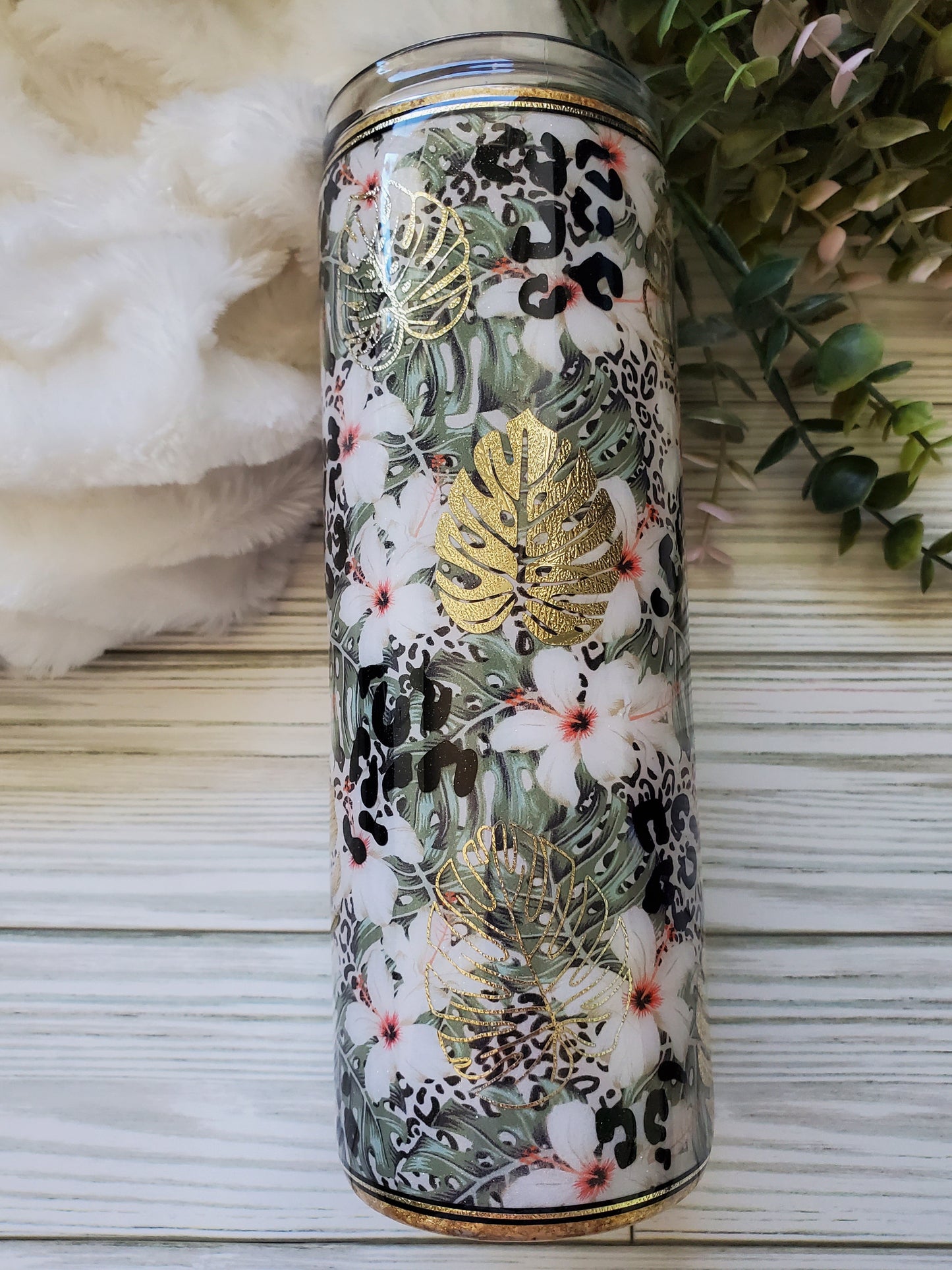 Monstera Floral Leopard Textured Custom Tumbler - 20 oz Skinny Straight - green white