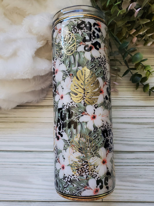 Monstera Floral Leopard Textured Custom Tumbler - 20 oz Skinny Straight - green white