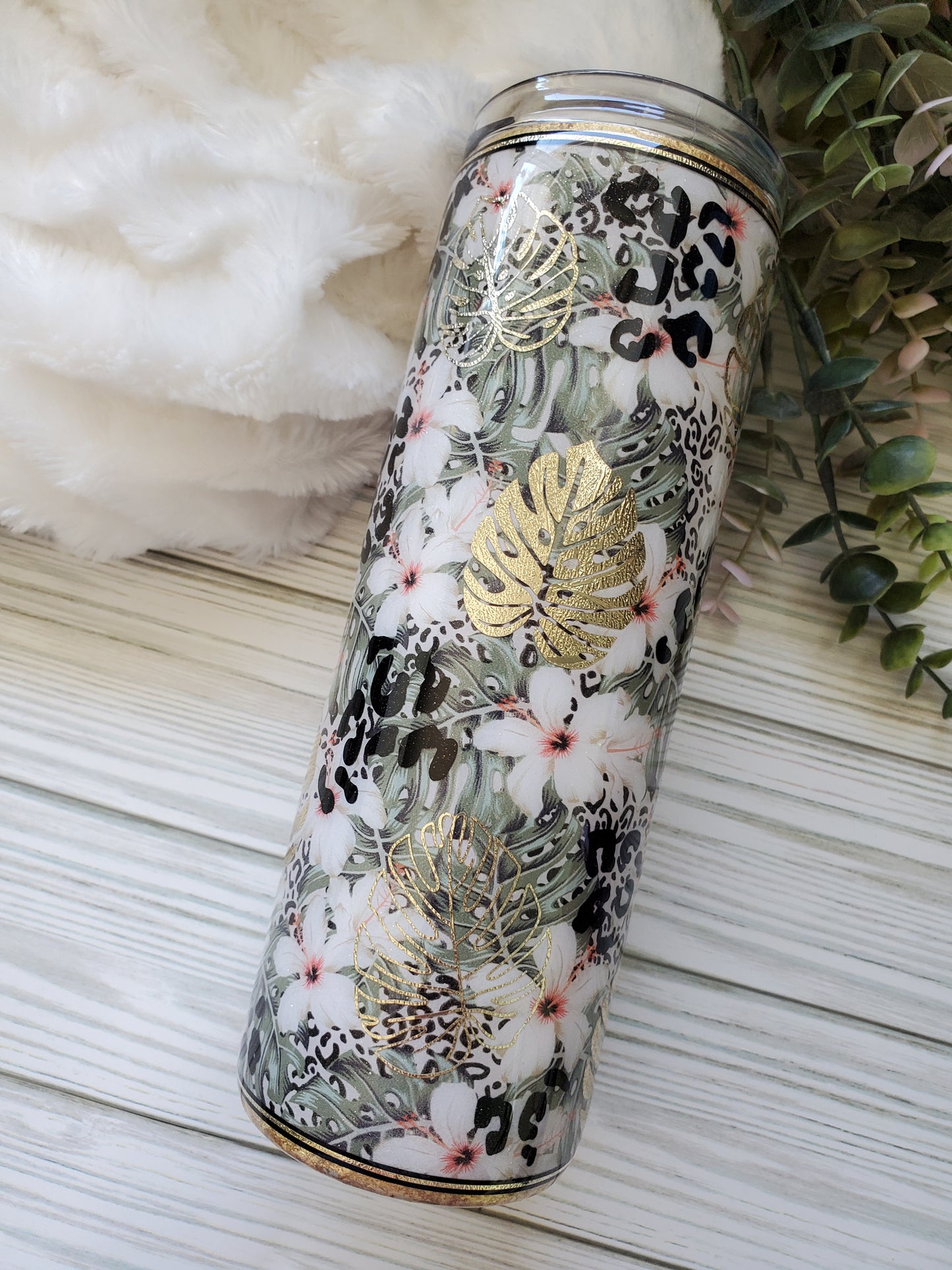 Monstera Floral Leopard Textured Custom Tumbler - 20 oz Skinny Straight - green white