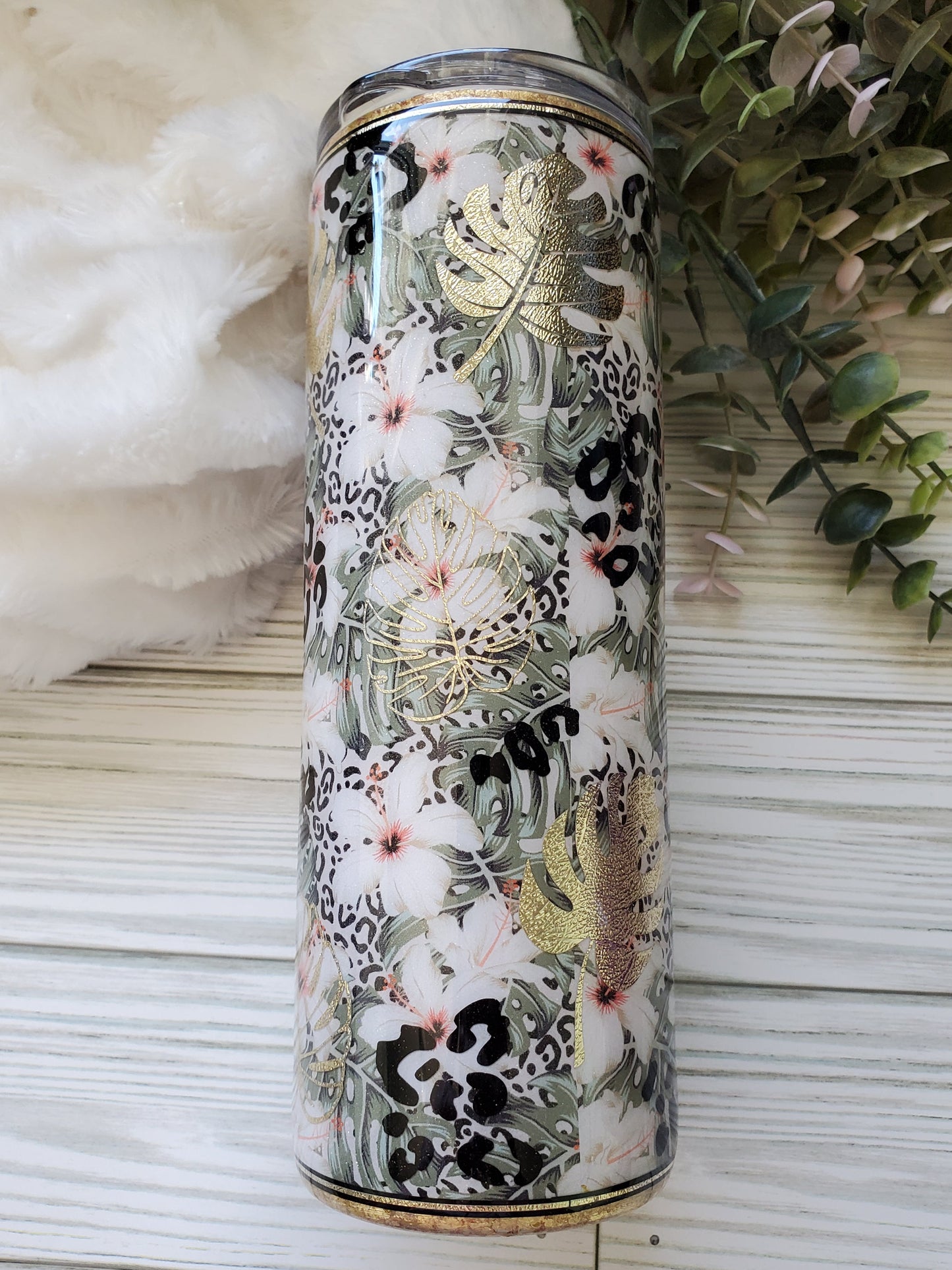 Monstera Floral Leopard Textured Custom Tumbler - 20 oz Skinny Straight - green white