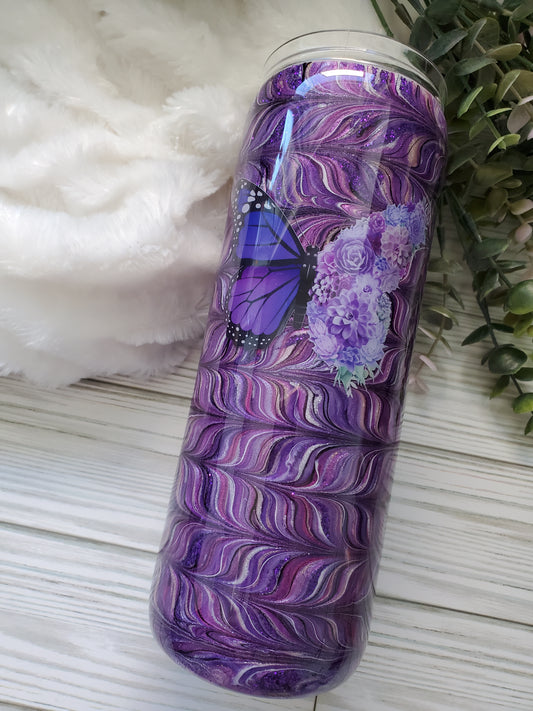 Floral Butterfly Pigment Angel Wings Custom Tumbler - 20 oz Skinny Straight - purple pink