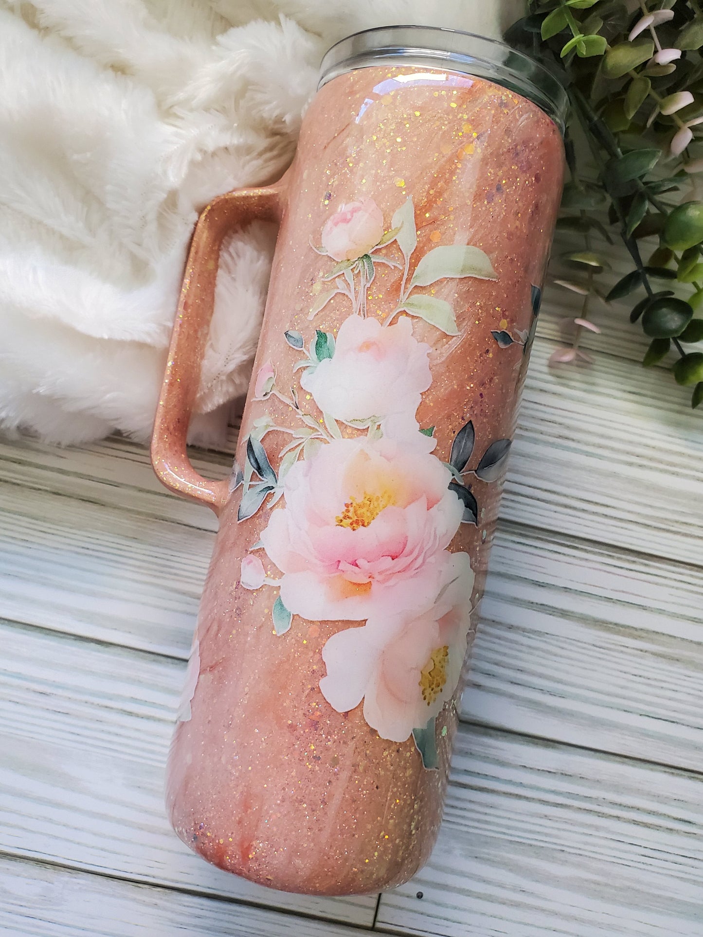 Floral Glitter Milky Way Handle Custom Tumbler - 20 oz handle skinny straight mug - peach pink