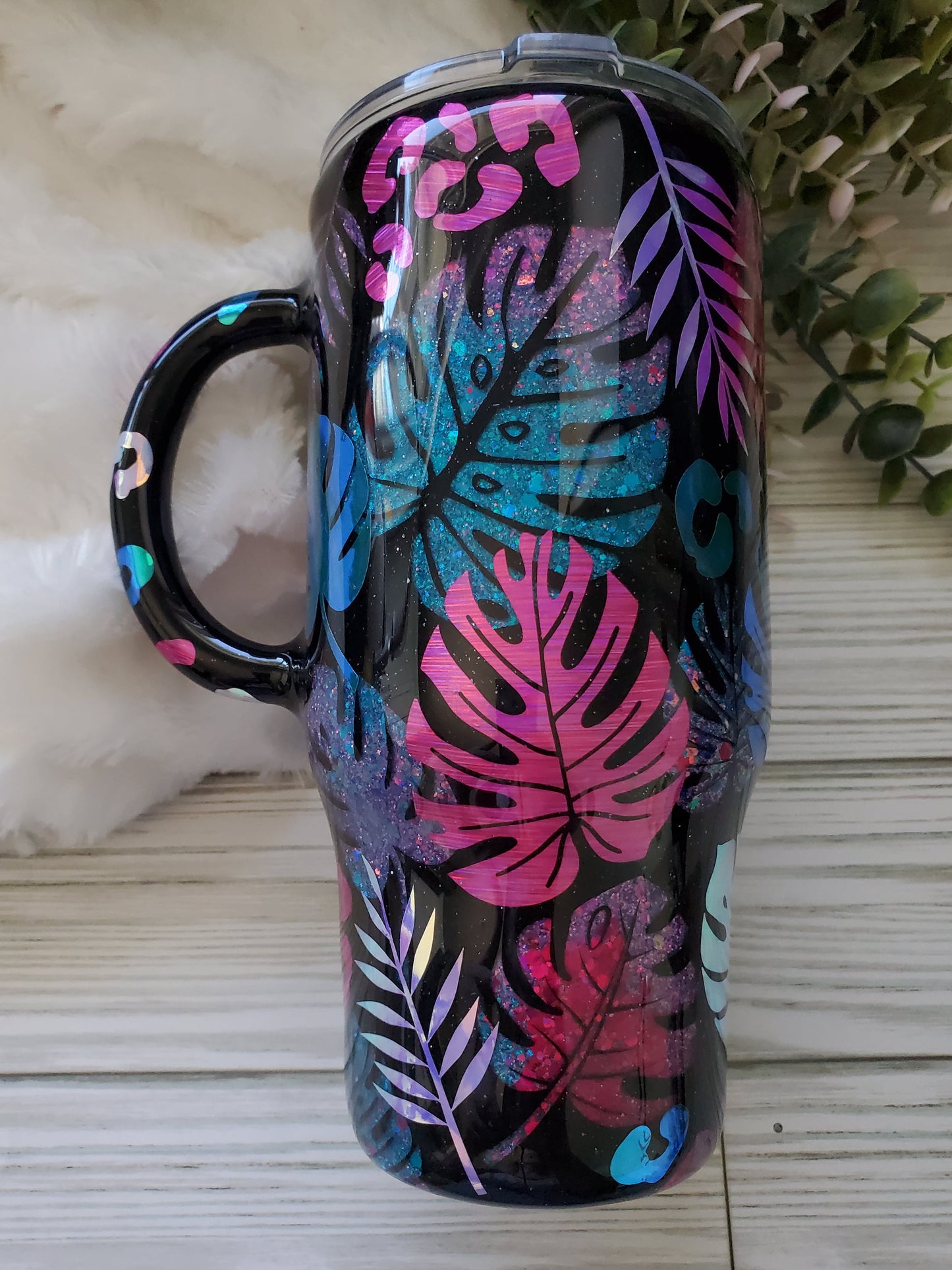 Monstera leopard texture peekaboo glitter Custom Tumbler - 24 oz handled - pink purple turquoise