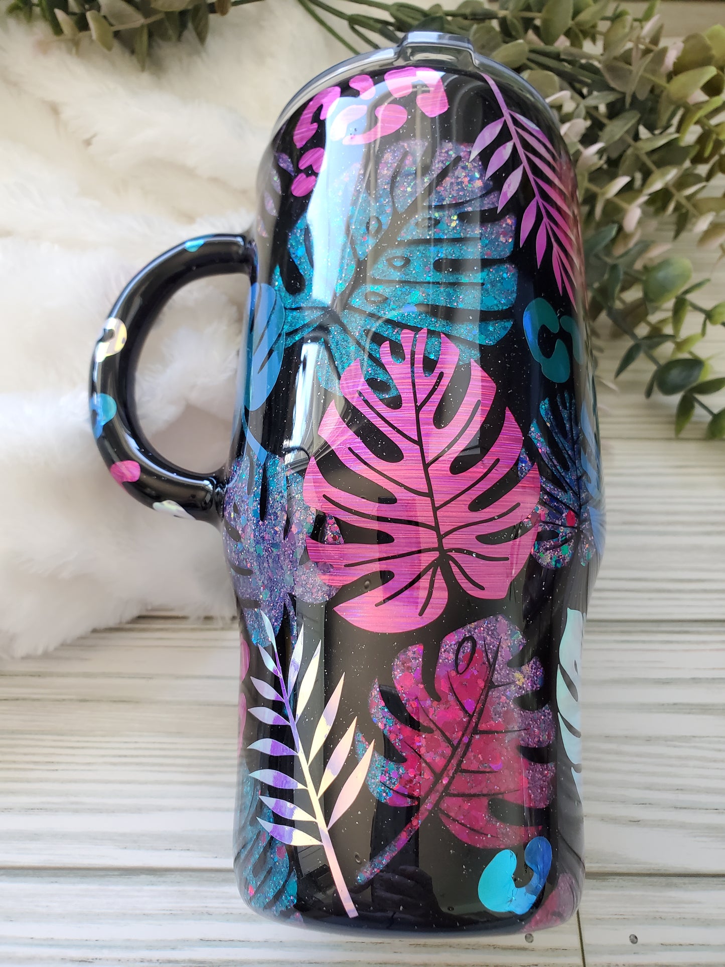 Monstera leopard texture peekaboo glitter Custom Tumbler - 24 oz handled - pink purple turquoise