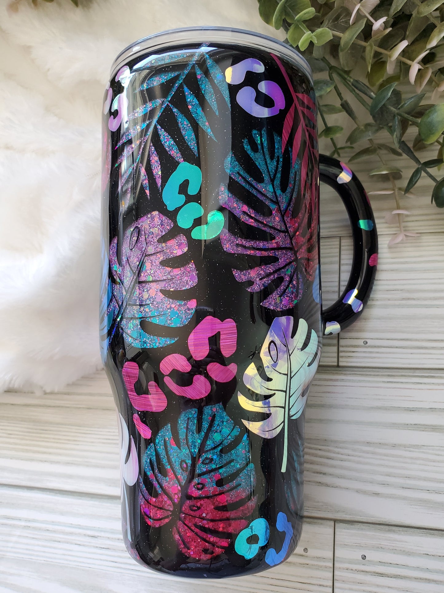 Monstera leopard texture peekaboo glitter Custom Tumbler - 24 oz handled - pink purple turquoise