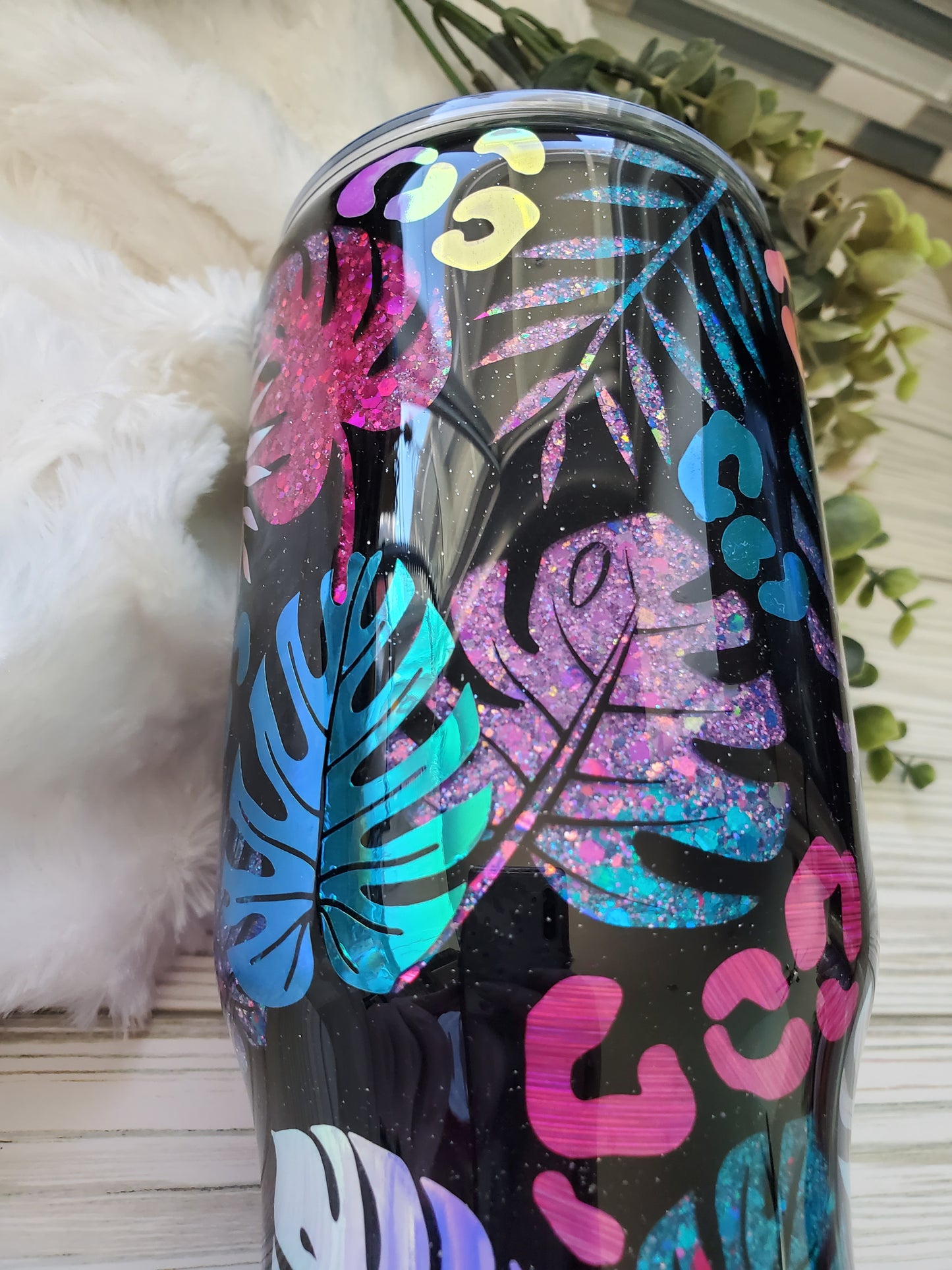 Monstera leopard texture peekaboo glitter Custom Tumbler - 24 oz handled - pink purple turquoise