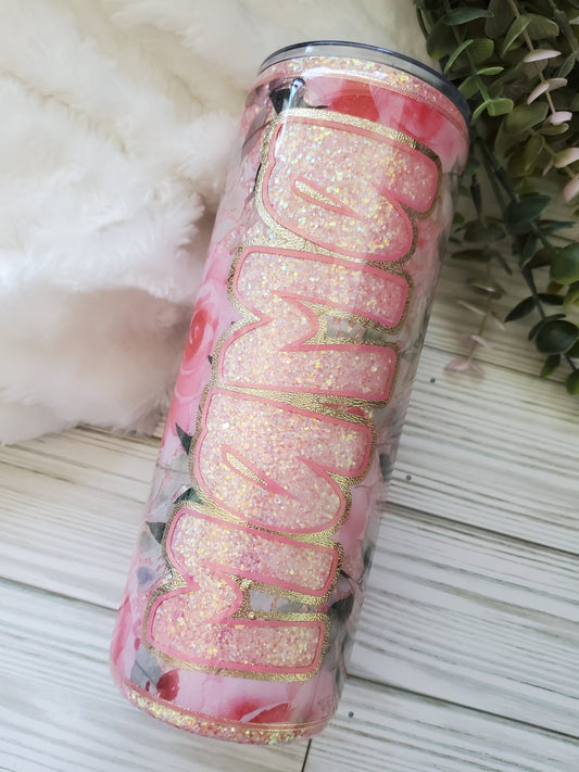 MAMA peekaboo floral pink Glitter Custom Tumbler - 24 oz  - pink