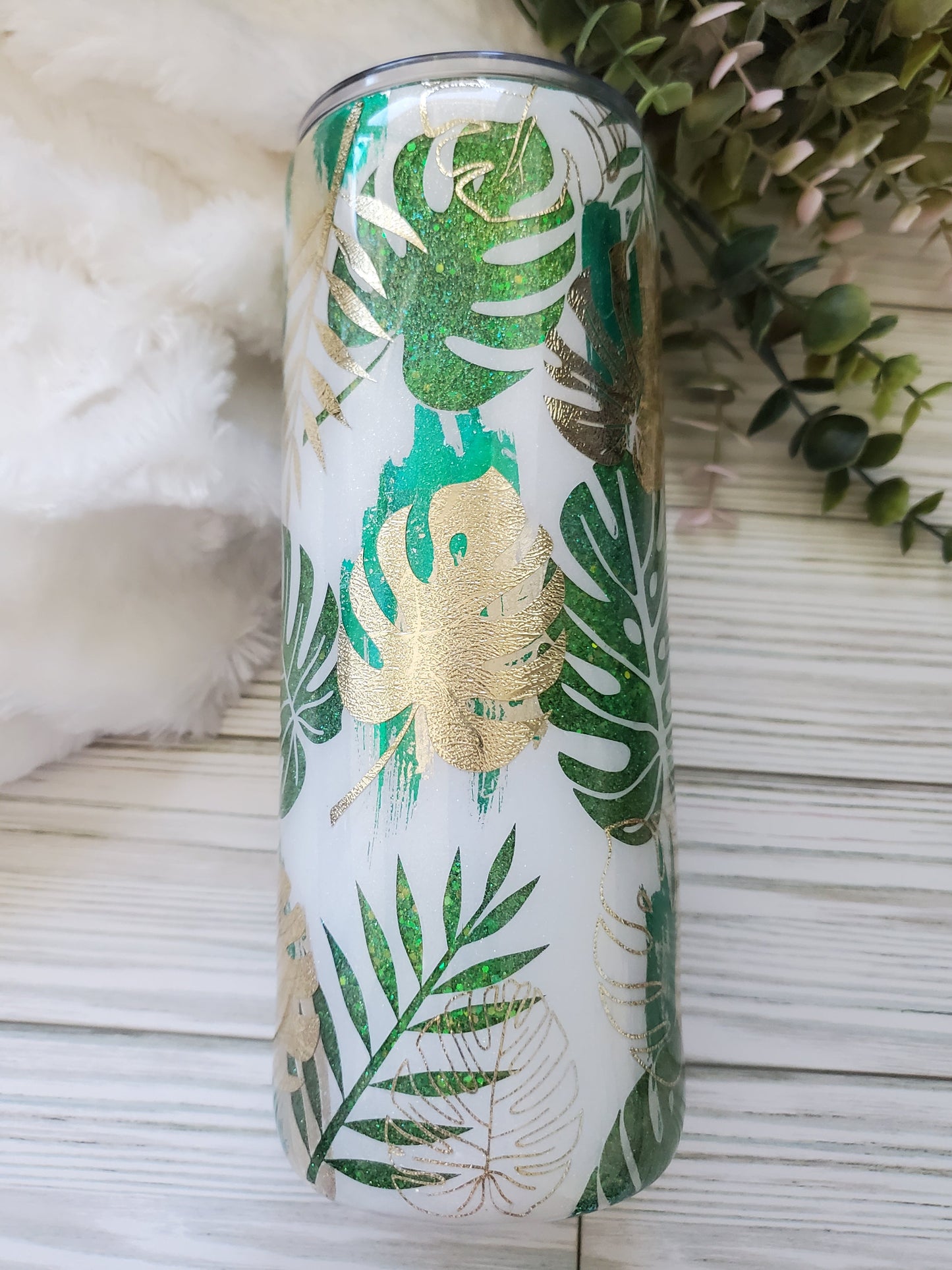 Monstera Glitter Peekaboo Texture Custom Tumbler - 24 oz Skinny - greens champagne gold