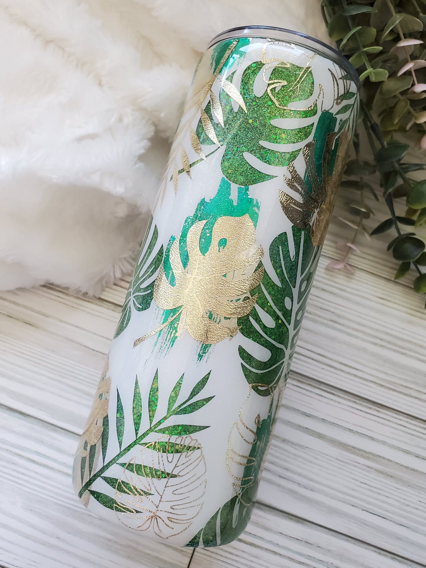 Monstera Glitter Peekaboo Texture Custom Tumbler - 24 oz Skinny - greens champagne gold