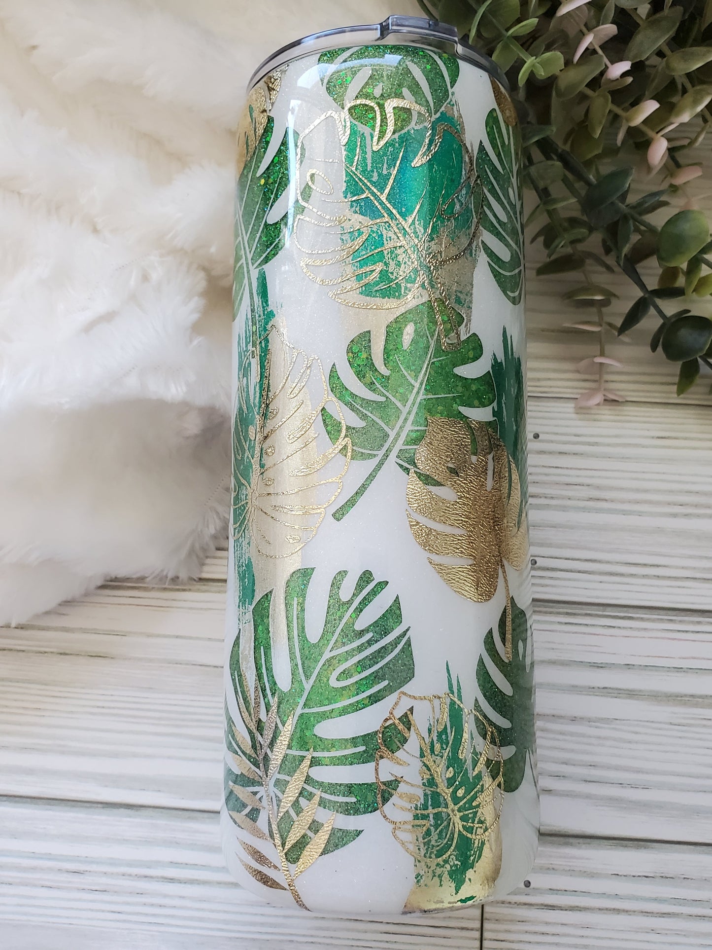 Monstera Glitter Peekaboo Texture Custom Tumbler - 24 oz Skinny - greens champagne gold