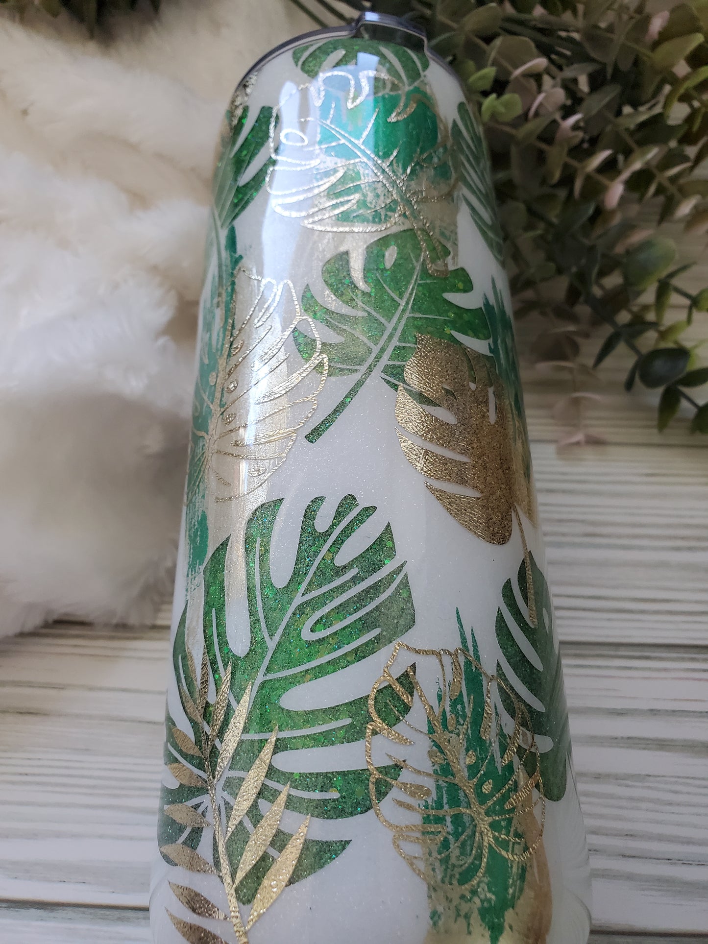 Monstera Glitter Peekaboo Texture Custom Tumbler - 24 oz Skinny - greens champagne gold