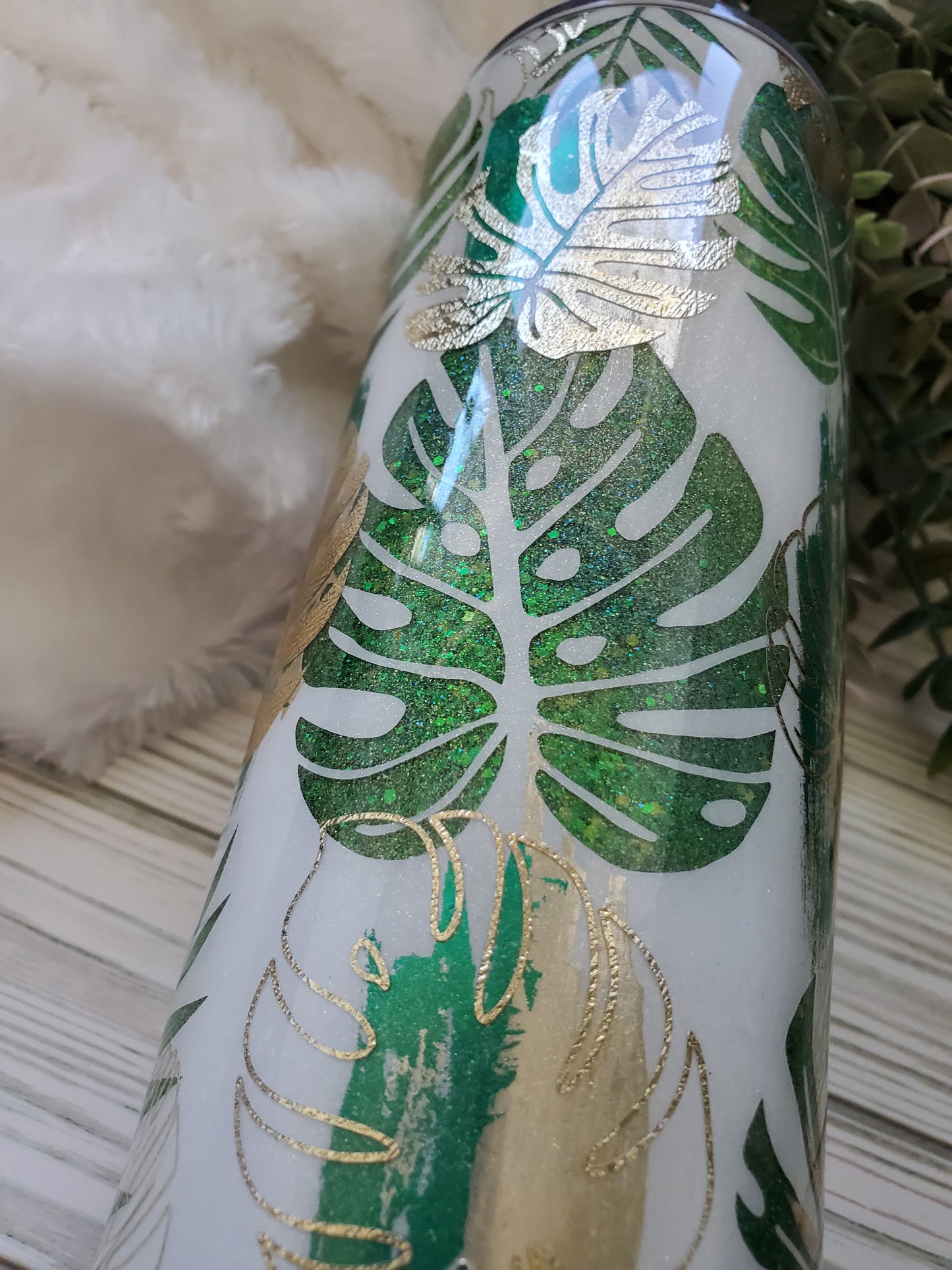 Monstera Glitter Peekaboo Texture Custom Tumbler - 24 oz Skinny - greens champagne gold