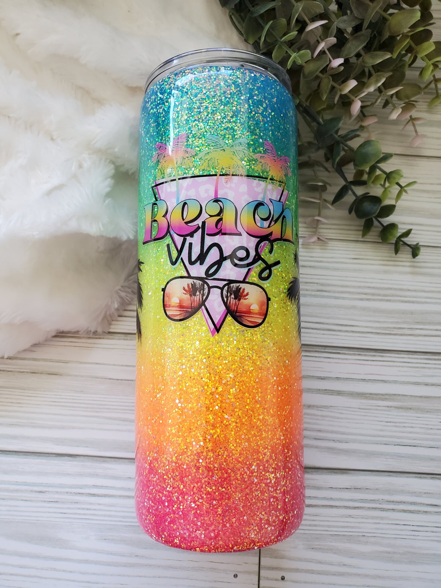 Beach Vibes neon Glitter Ombre Custom Tumbler - 24 oz Skinny - neons
