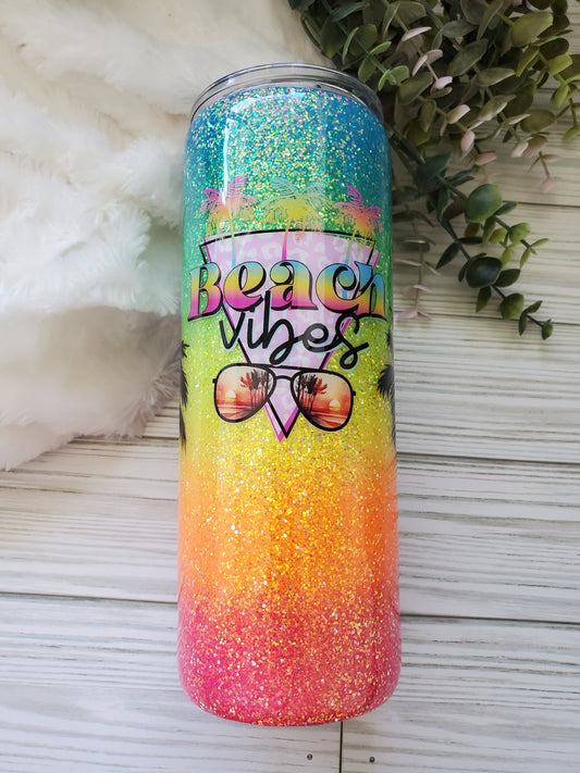 Beach Vibes neon Glitter Ombre Custom Tumbler - 24 oz Skinny - neons