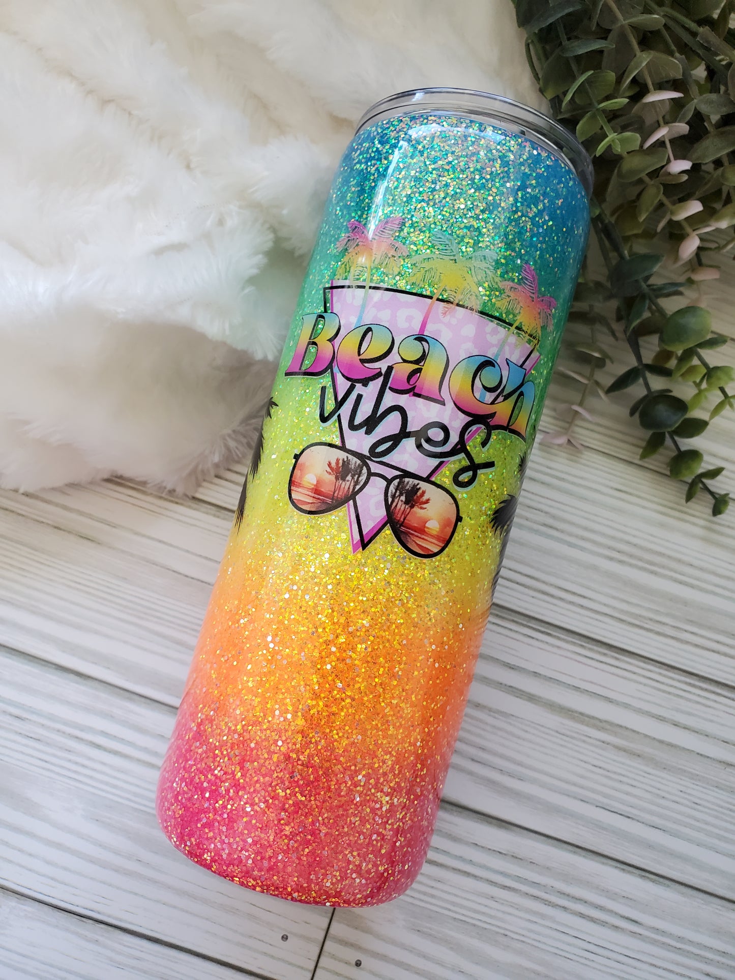 Beach Vibes neon Glitter Ombre Custom Tumbler - 24 oz Skinny - neons