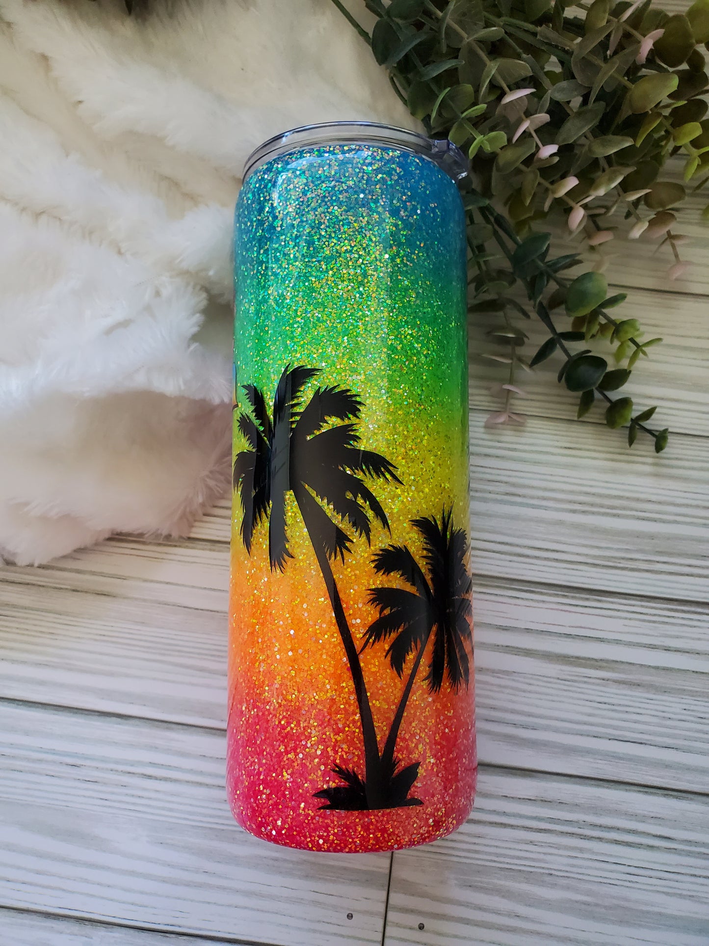 Beach Vibes neon Glitter Ombre Custom Tumbler - 24 oz Skinny - neons