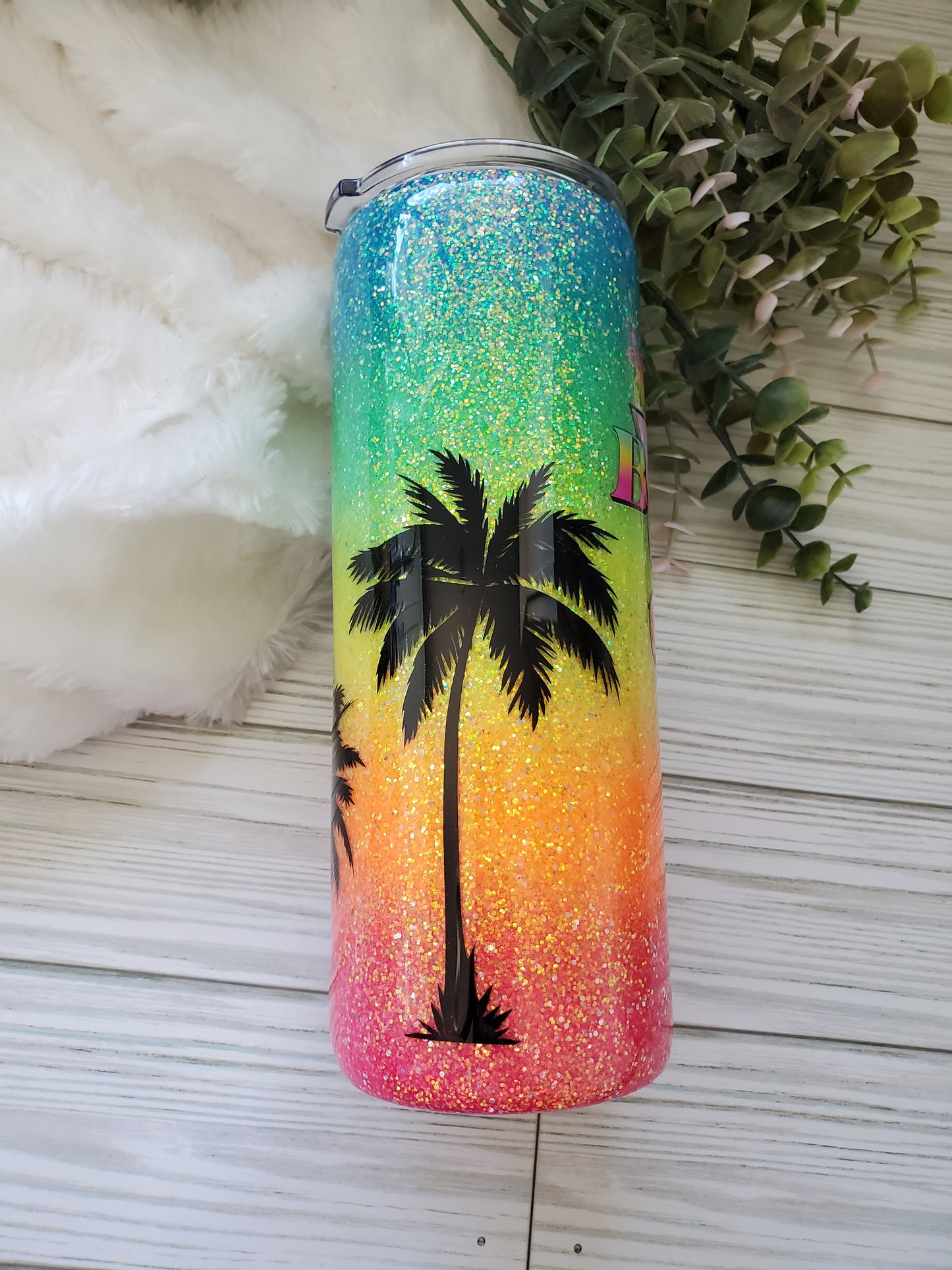 Beach Vibes neon Glitter Ombre Custom Tumbler - 24 oz Skinny - neons