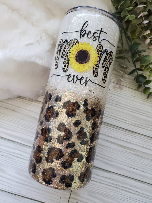 Best Mom Ever Sunflower Glitter Leopard Custom Mug Tumbler - 24 oz  - white browns
