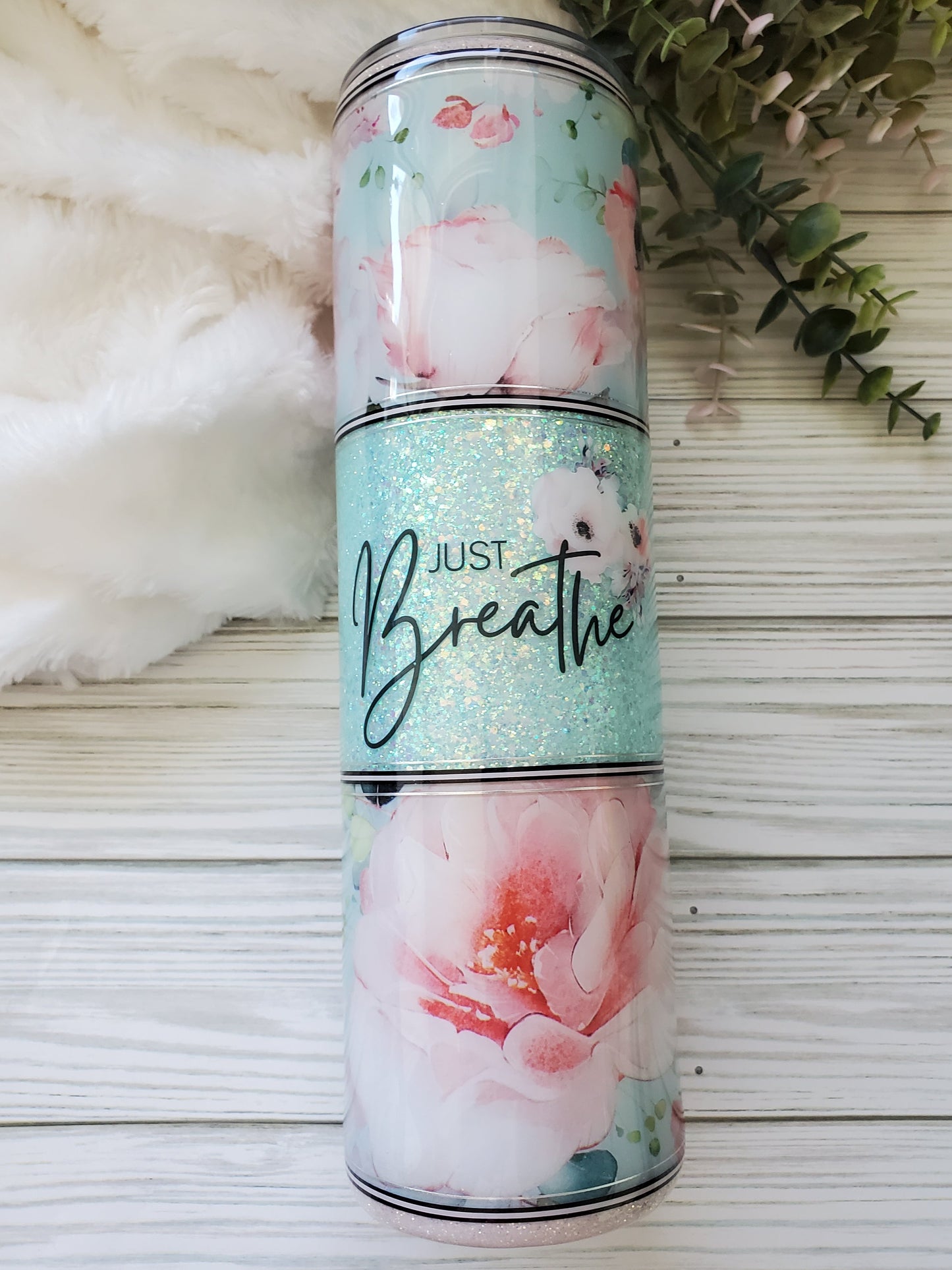 Just Breathe Floral  Glitter Custom Tumbler - 32 oz skinny - mint, pink