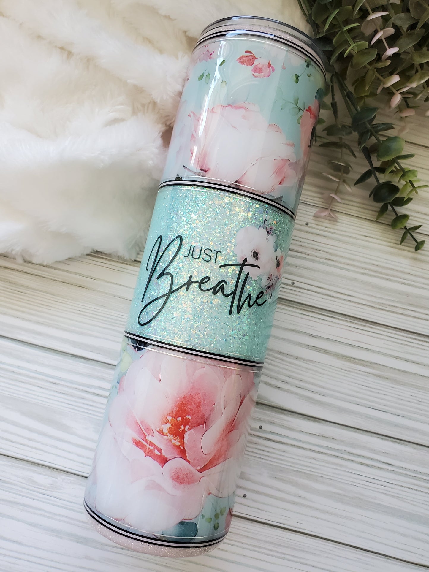 Just Breathe Floral  Glitter Custom Tumbler - 32 oz skinny - mint, pink